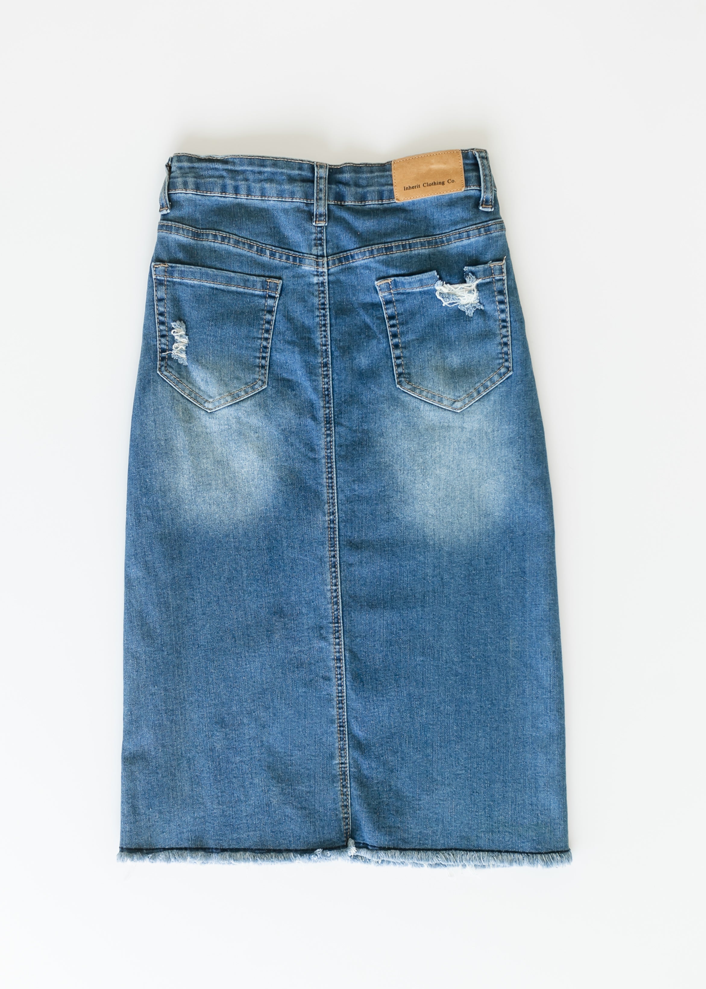 Inherit Co. Hadley High Rise Denim Midi Skirt - FINAL SALE — flat-lay composition