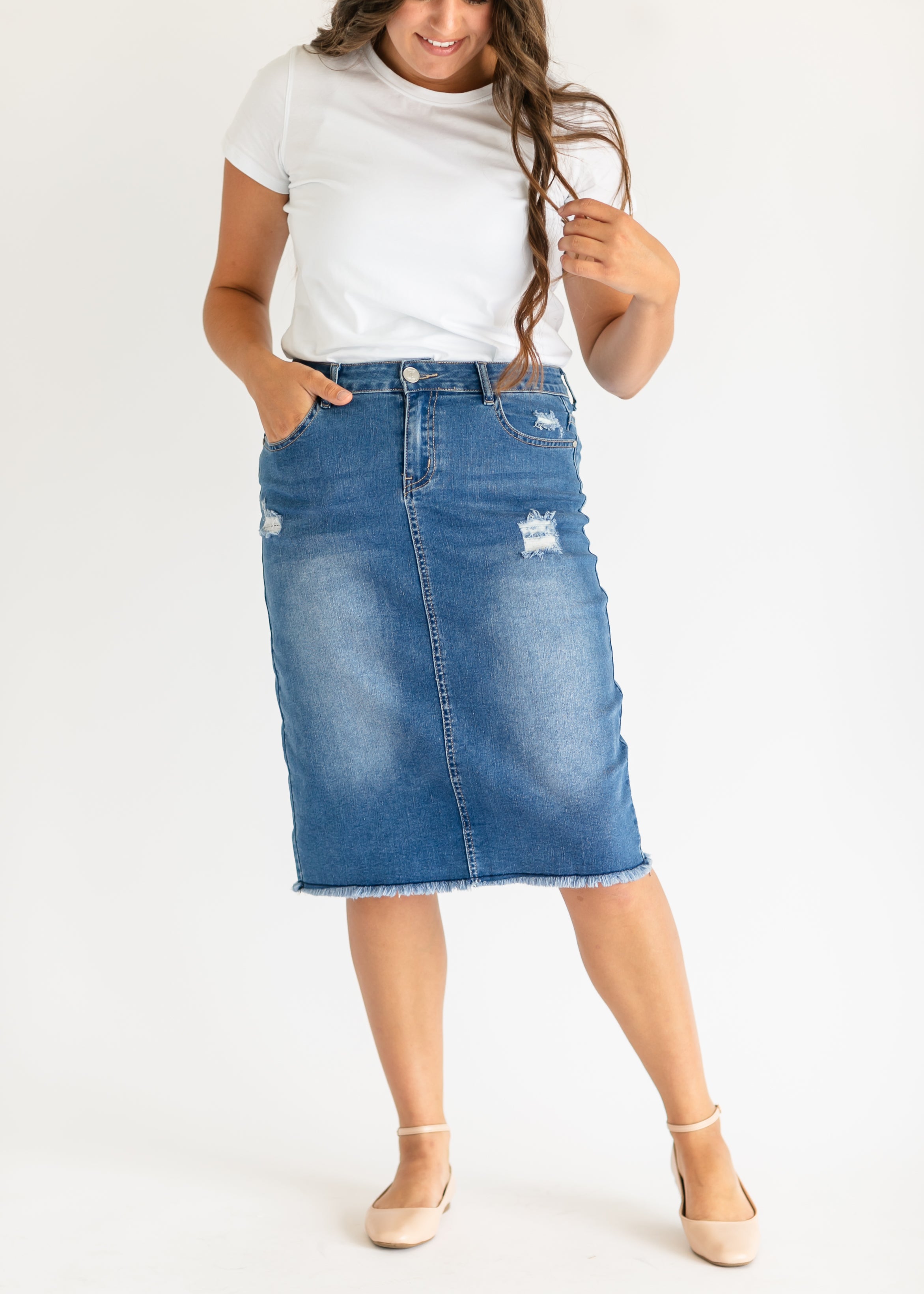 Inherit Co. Hadley High Rise Denim Midi Skirt - FINAL SALE — color detail
