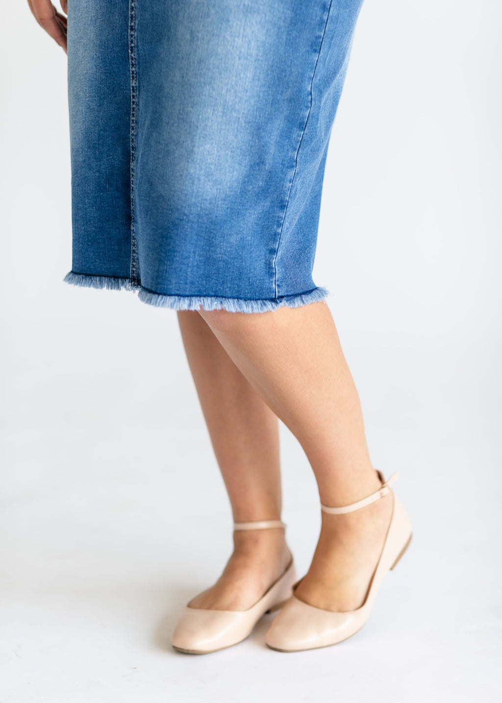 Inherit Co. Hadley High Rise Denim Midi Skirt - FINAL SALE — fabric or material detail