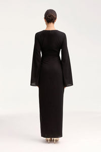 Hanadi Linen Wrap Maxi Dress - Black Clothing Veiled 