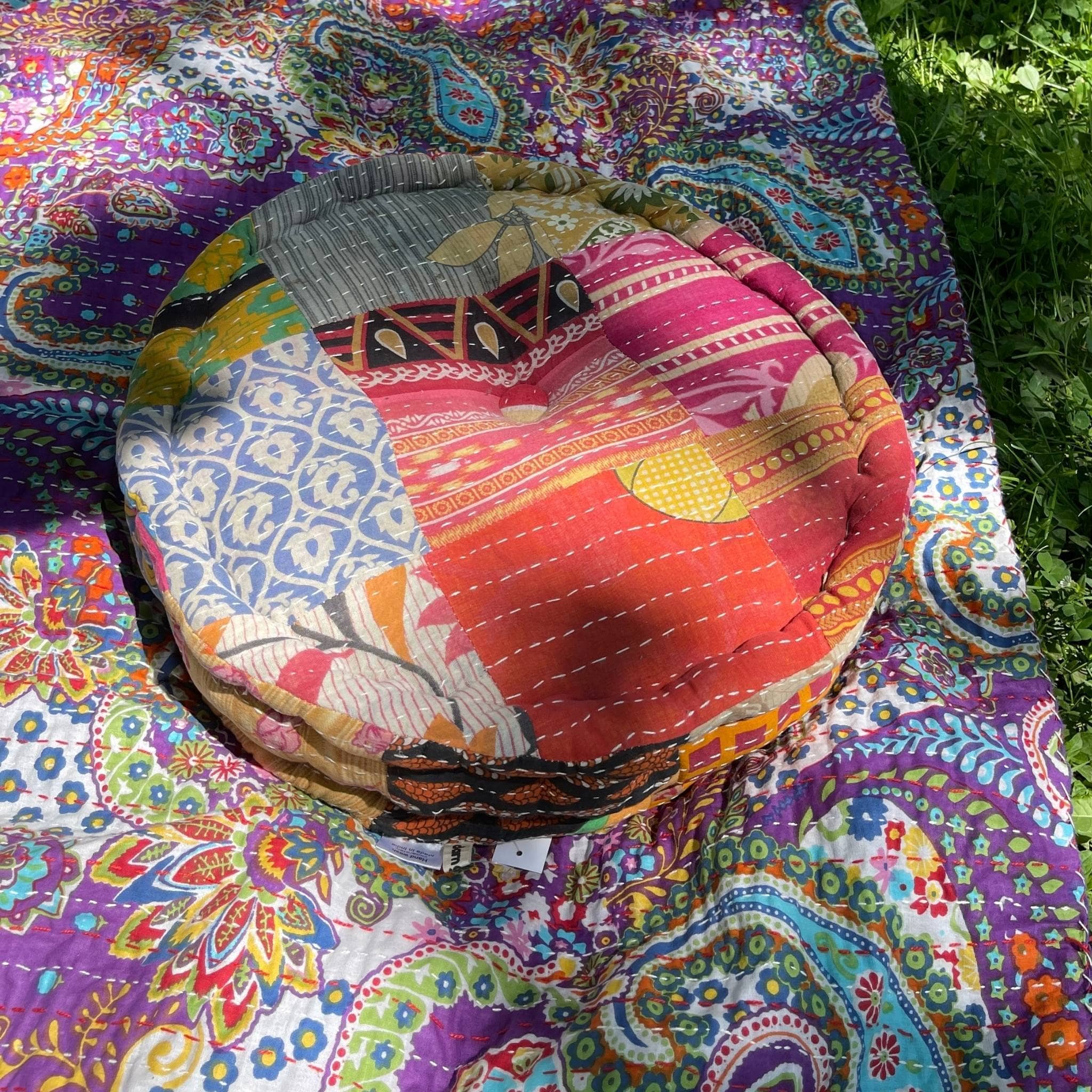 Darn Good Yarn Darn Good Yarn Hand Embroidered Floor Pouf — Darn Good Yarn branding close-up