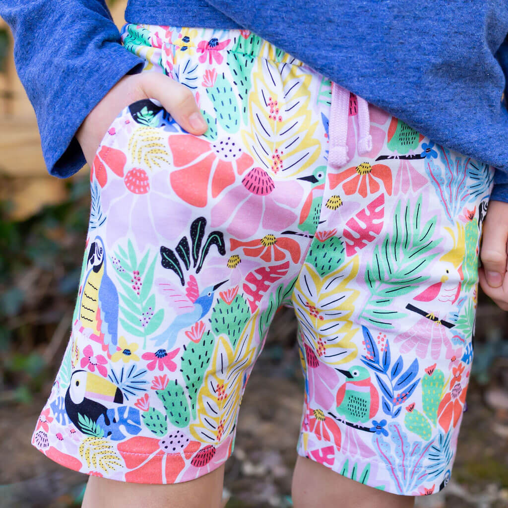 Princess Awesome & Boy Wonder "Jungle Jam" Tropical Birds Drawstring Shorts with Pockets — construction detail