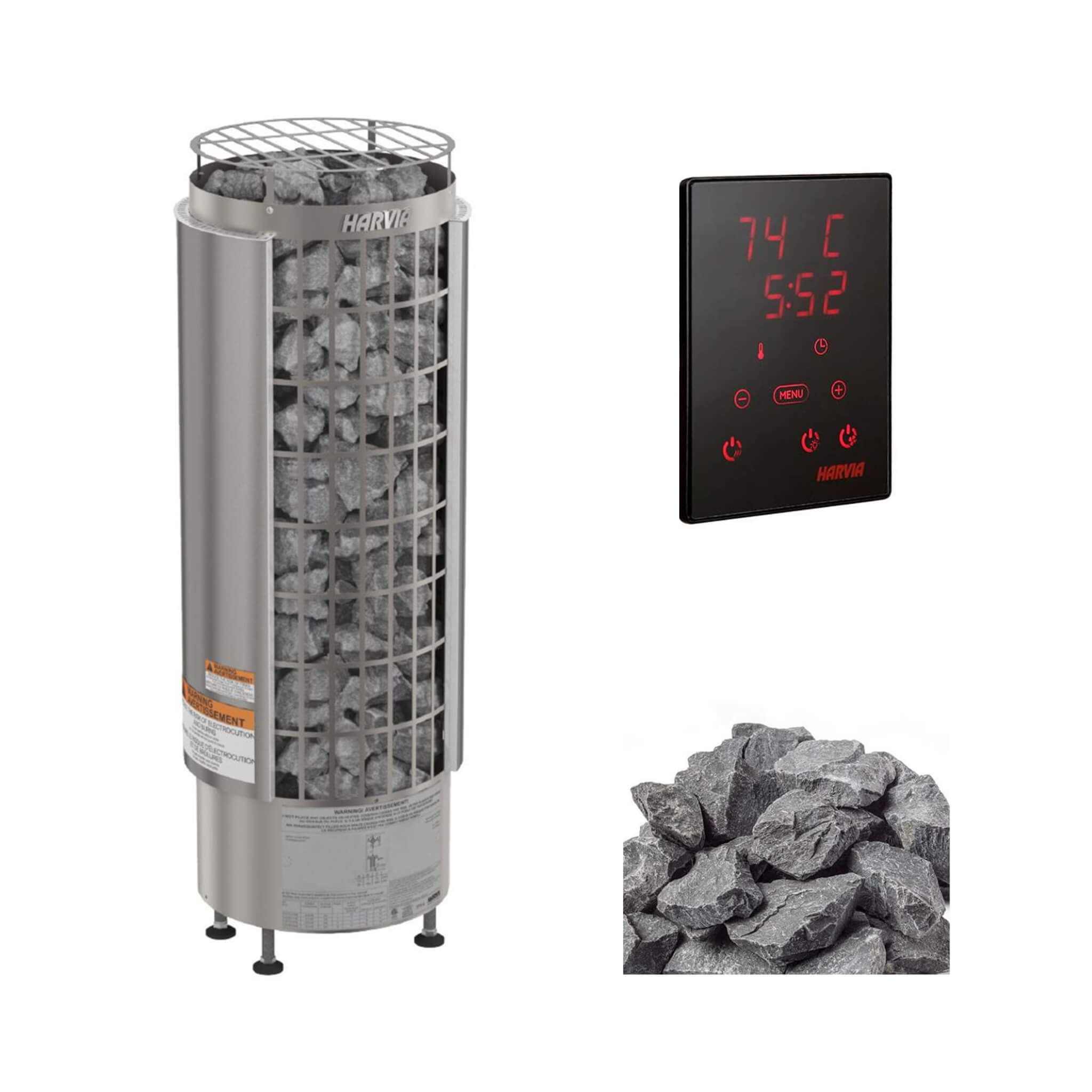 Harvia Cilindro UL Certified Electric Sauna Heater With Xenio CX45 Digital Control Panel & Sauna Stones [PC60/80/90/110E] (SA