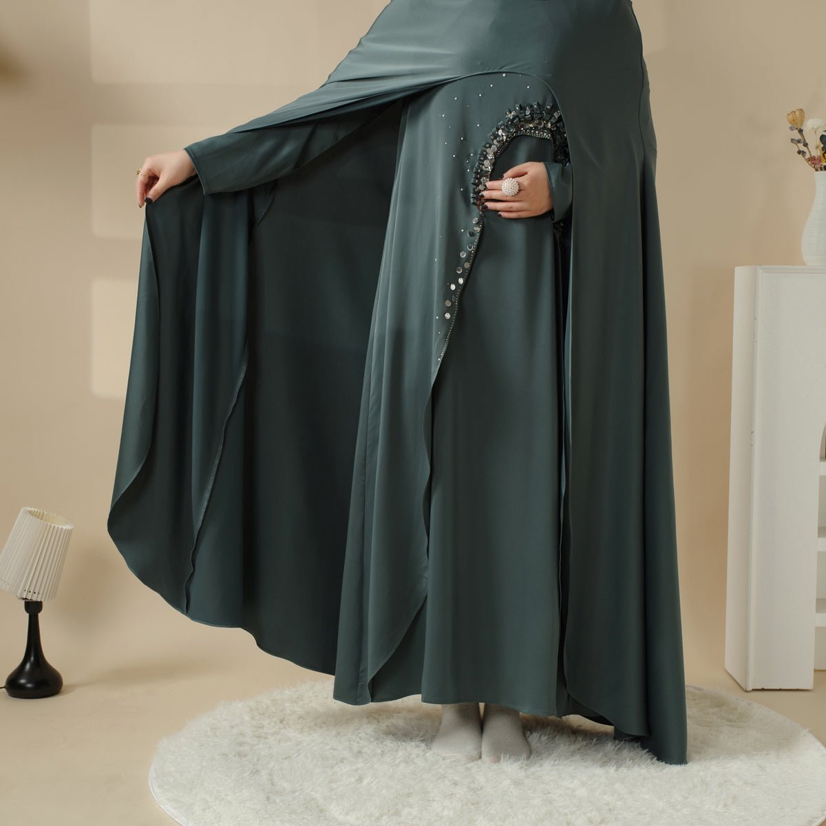 Mariam's Collection Haute Couture Abaya, Heavy-Crafted 3-Layer Cape Abaya (MA096) — detail close-up