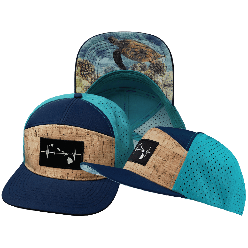 The Heartbeat Brand Hawaii Hat - Flat Bill - Cork - Navy / Teal - Laser Mesh — main product shot