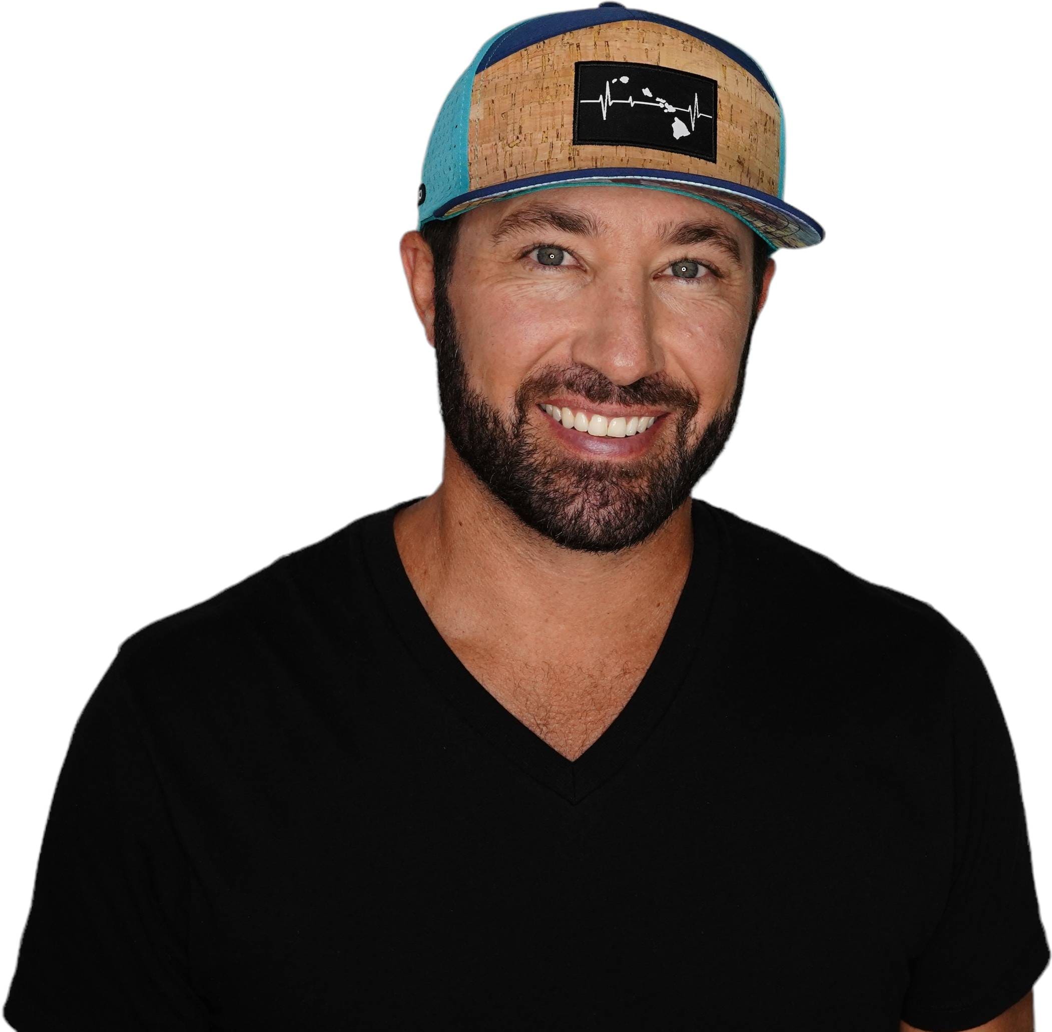 The Heartbeat Brand Hawaii Hat - Flat Bill - Cork - Navy / Teal - Laser Mesh — detail close-up