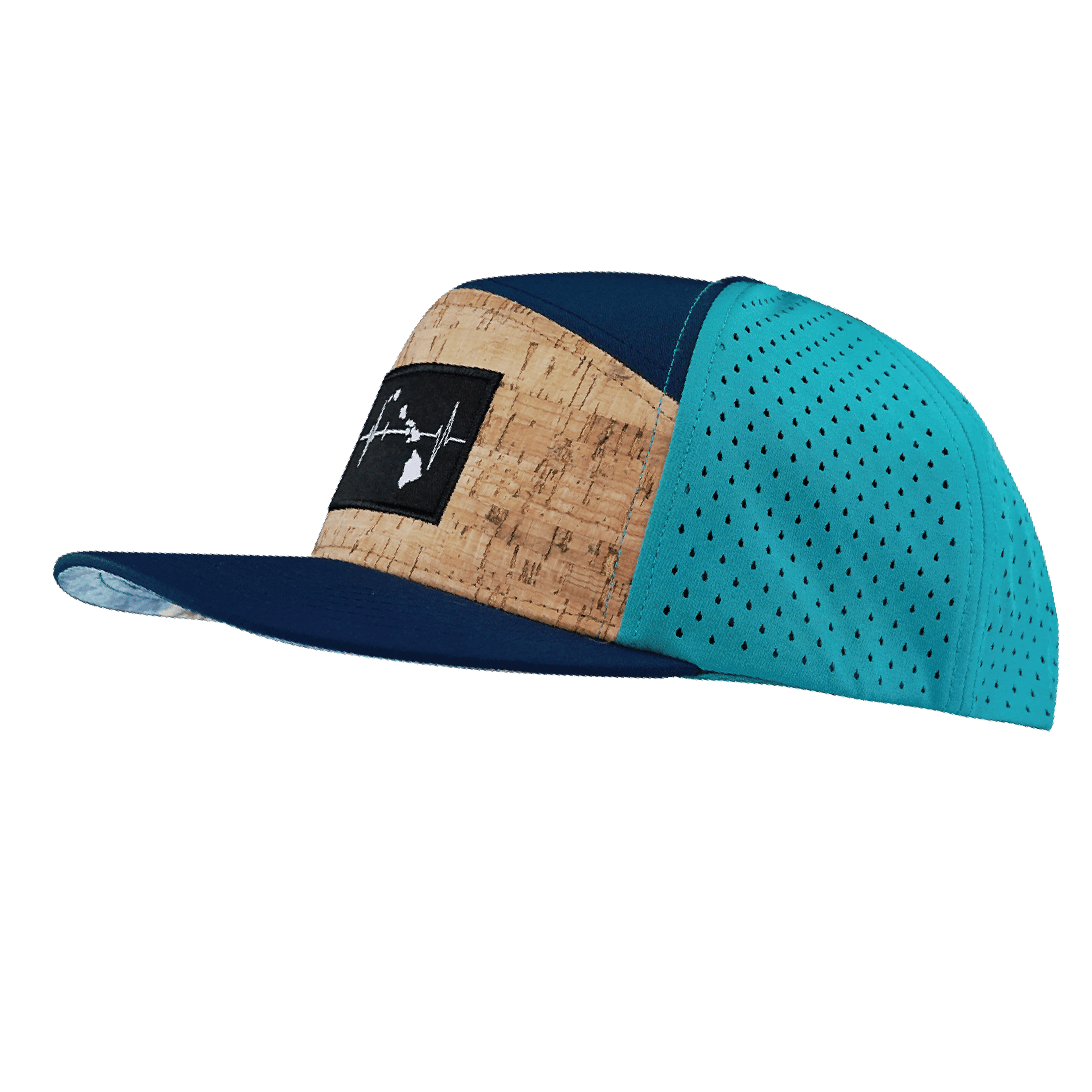 The Heartbeat Brand Hawaii Hat - Flat Bill - Cork - Navy / Teal - Laser Mesh — side view