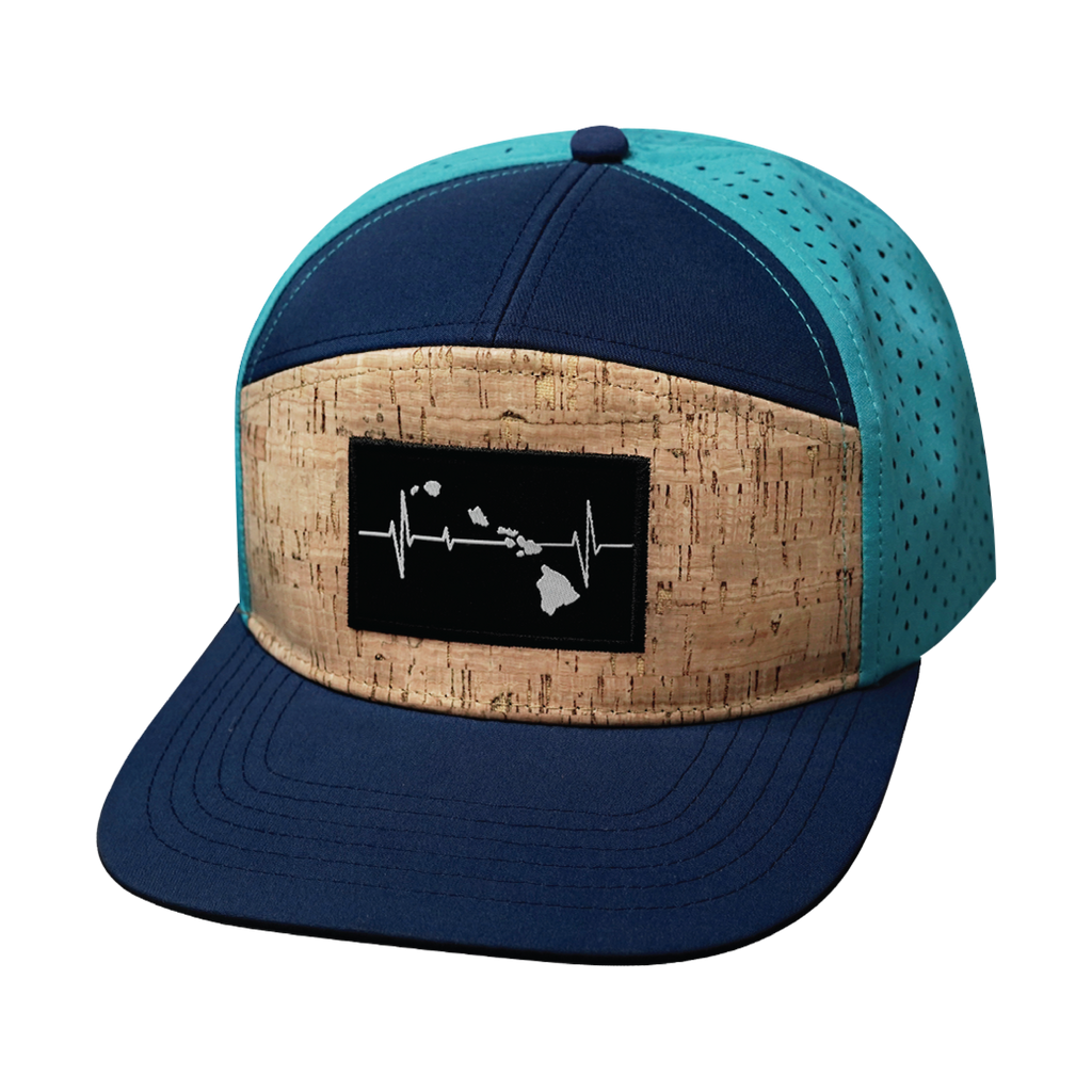 The Heartbeat Brand Hawaii Hat - Flat Bill - Cork - Navy / Teal - Laser Mesh — back view