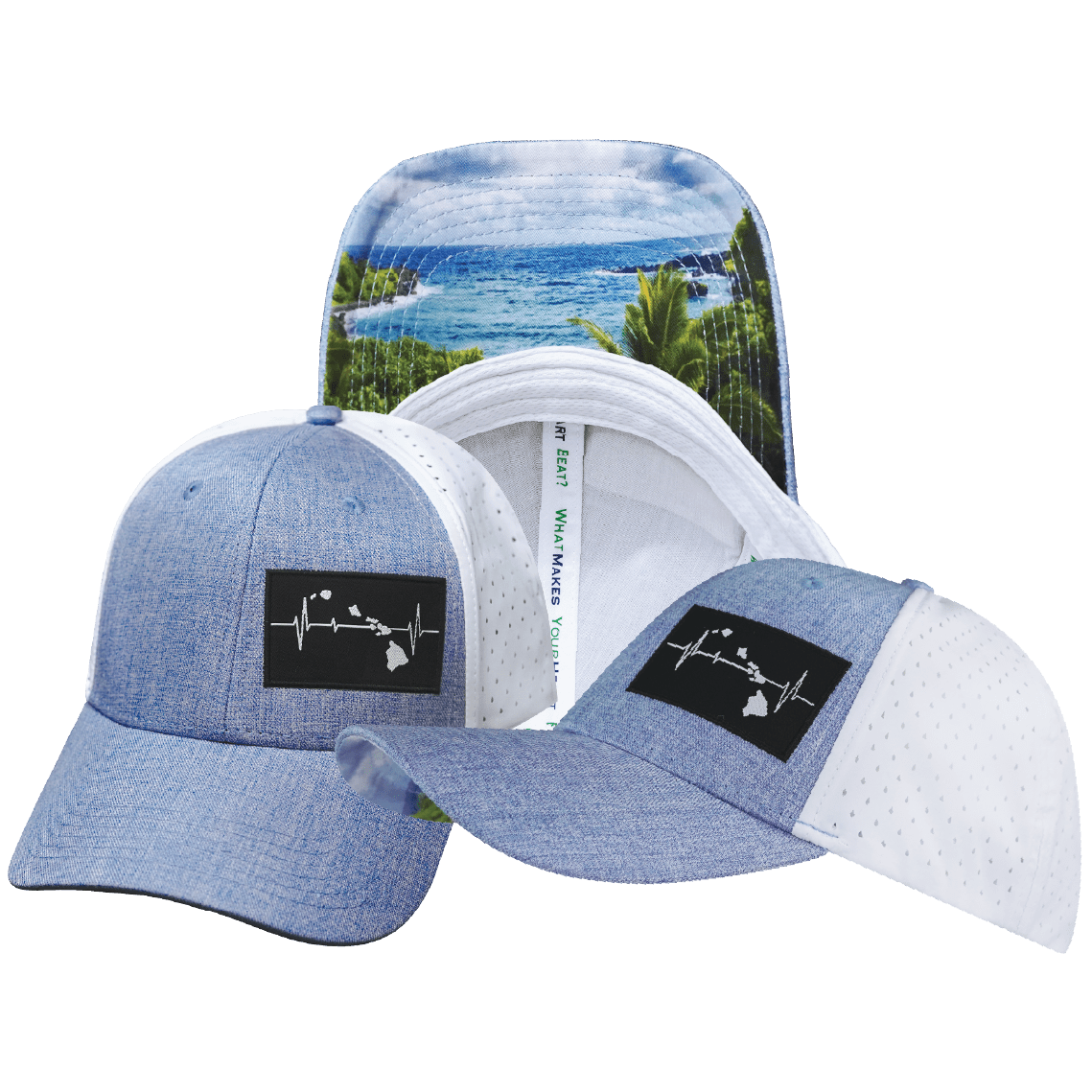 The Heartbeat Brand Hawaii Low Profile Hat — Ponytail / Light Blue / White — main product shot