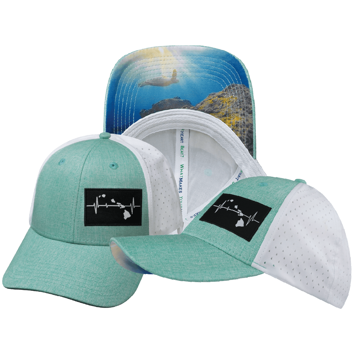 The Heartbeat Brand Hawaii Low Profile Hat — Ponytail / Teal / White — main product shot