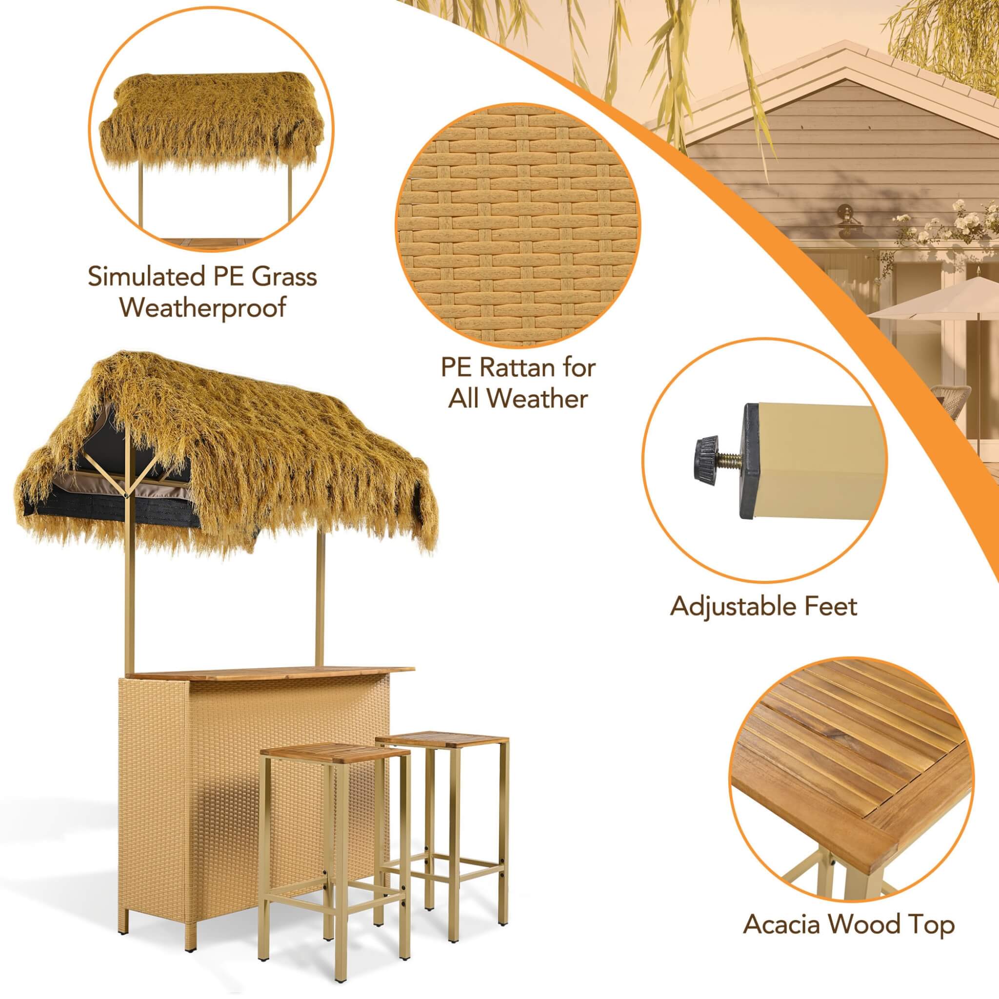 Alora 3-Piece Hawaiian Bar-Height Patio Set With Grass Canopy And Stools (SAK63047) – SAKSBY WHOLESALE, view 5