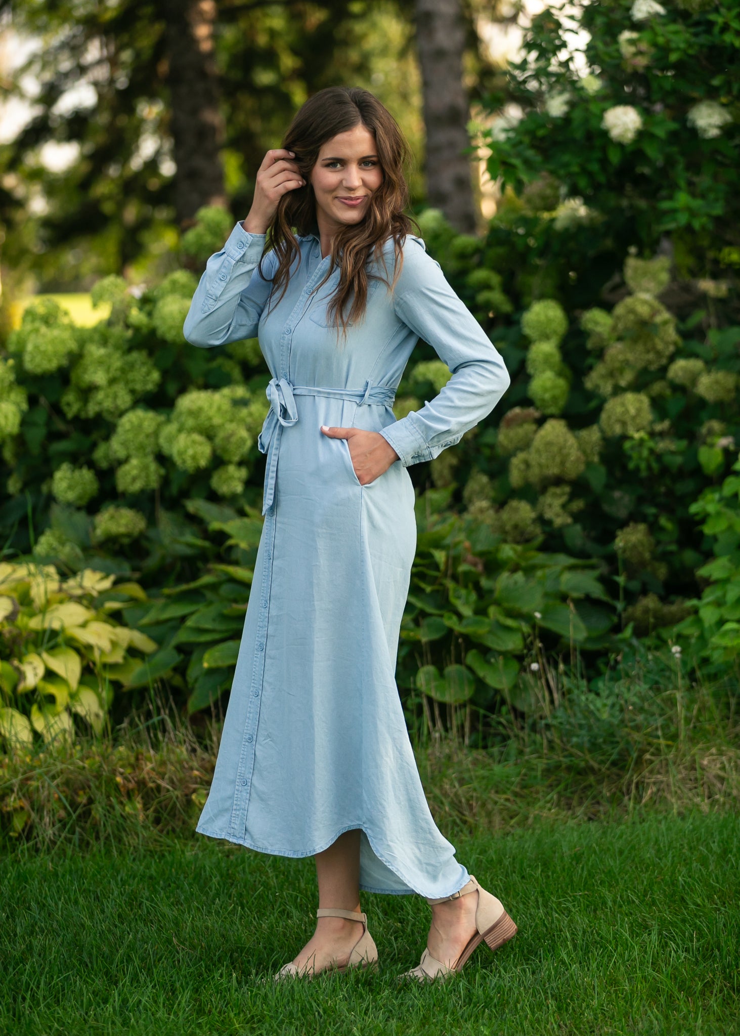 Inherit Co. Hazel Chambray Long Sleeve Dress — color detail