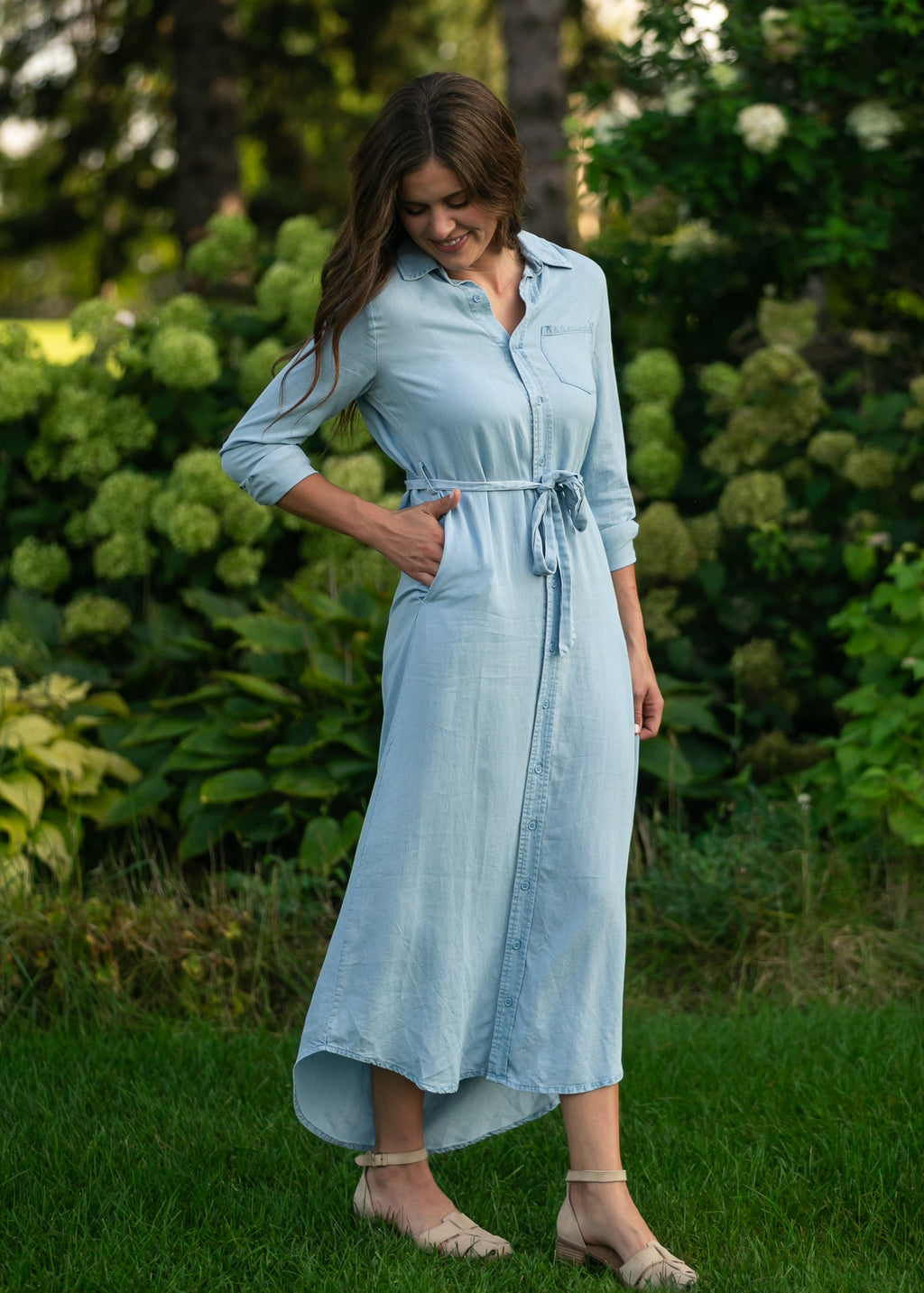 Inherit Co. Hazel Chambray Long Sleeve Dress — size reference