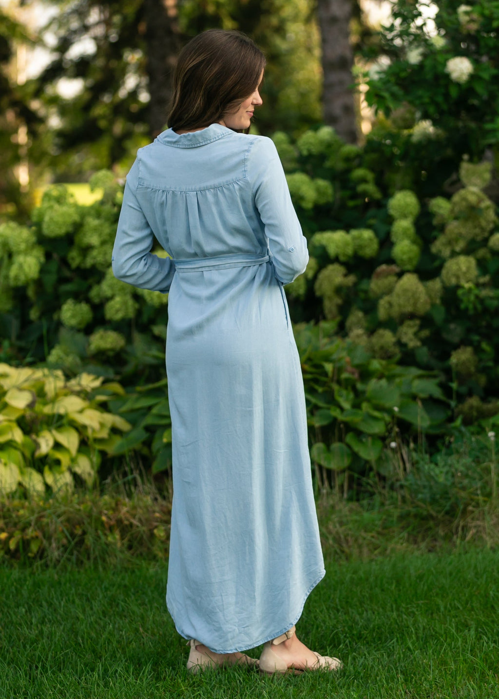 Inherit Co. Hazel Chambray Long Sleeve Dress — in-use photo