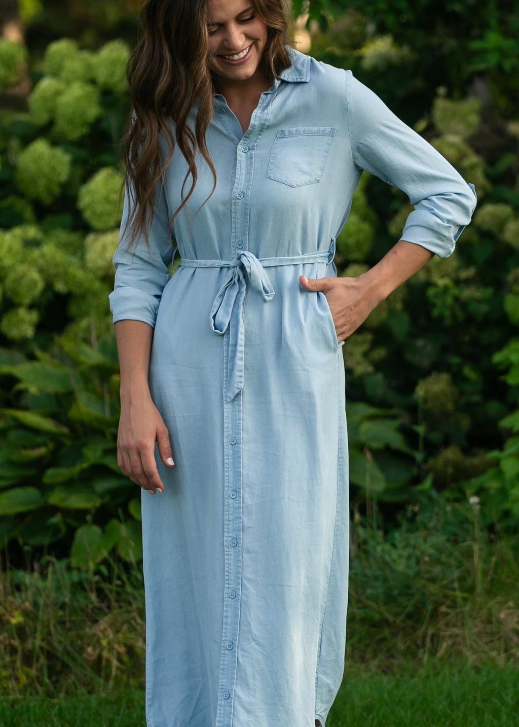 Inherit Co. Hazel Chambray Long Sleeve Dress — lifestyle context
