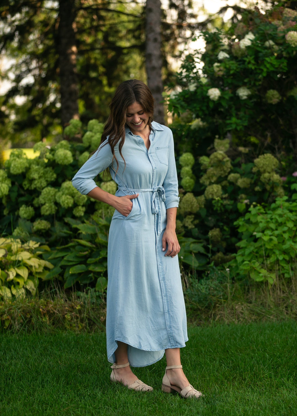 Inherit Co. Hazel Chambray Long Sleeve Dress — back view