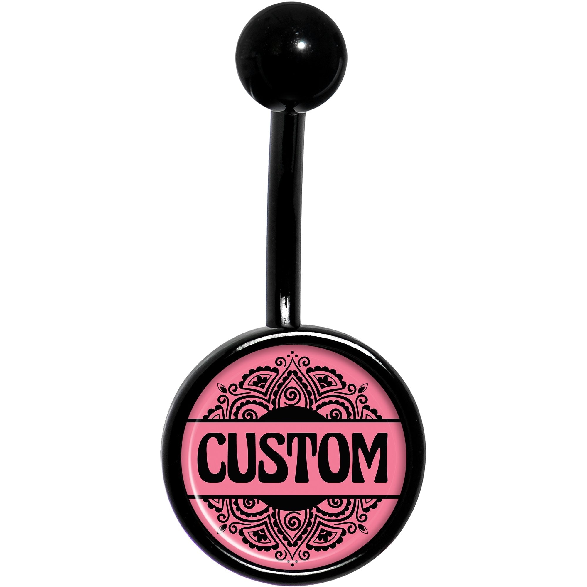 BodyCandy Custom Pink Mandala Personalized Name Black Belly Ring — Pink detail