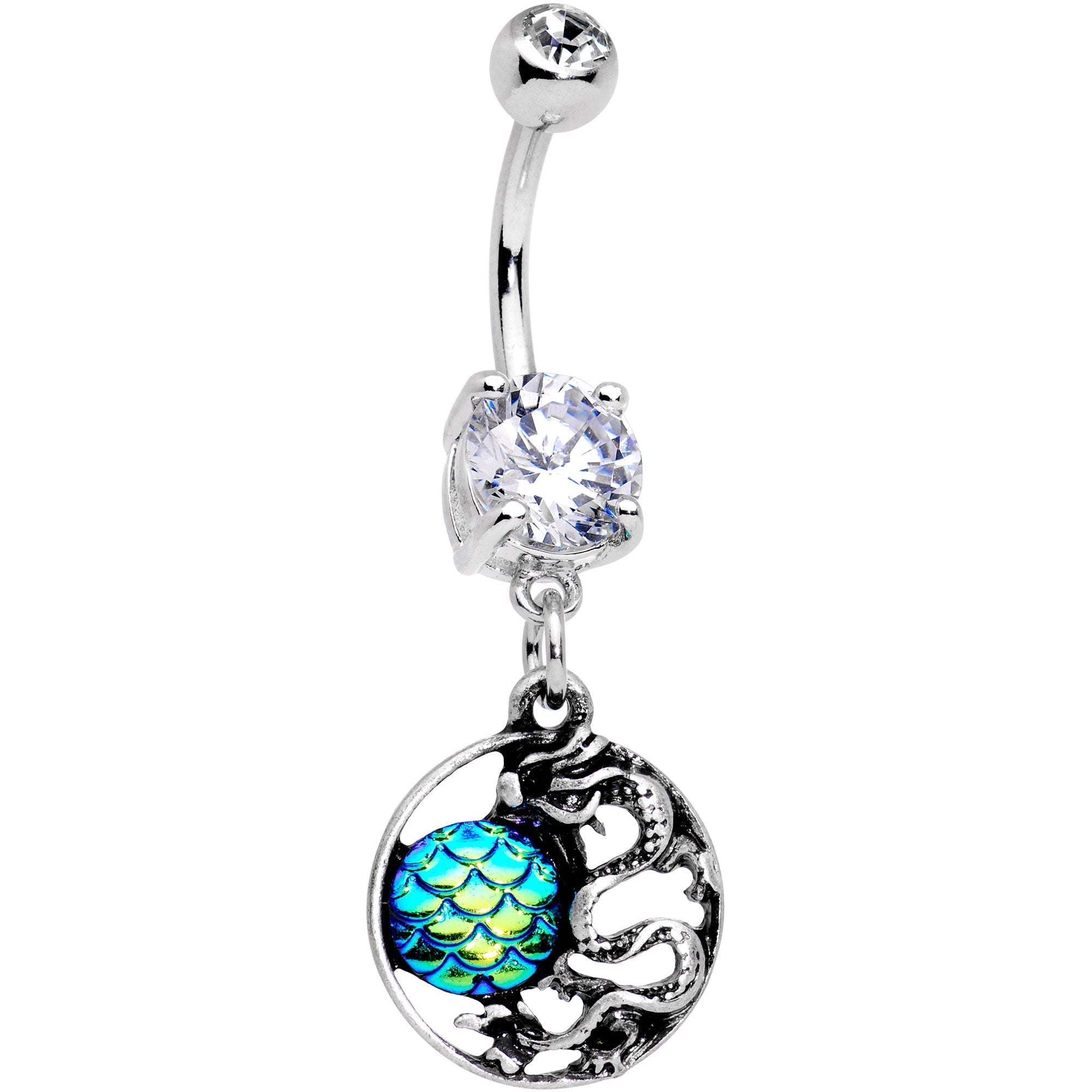 BodyCandy Clear CZ Gem Mermaid Scale Eastern Dragon Dangle Belly Ring — main product shot