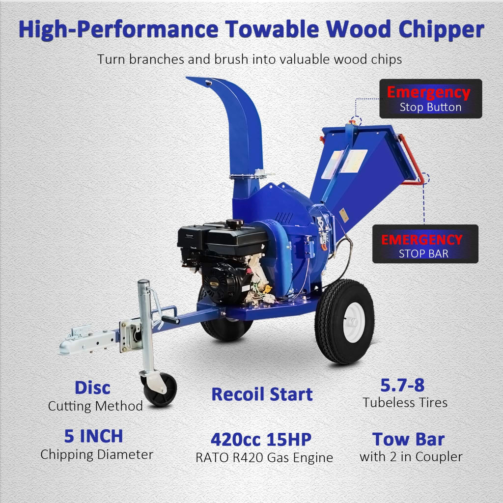 Heavy-Duty 5-Inch 15HP 420CC Gas Towable Disc Wood Chipper Shredder With Recoil Start (SAK51947) – SAKSBY WHOLESALE, view 4