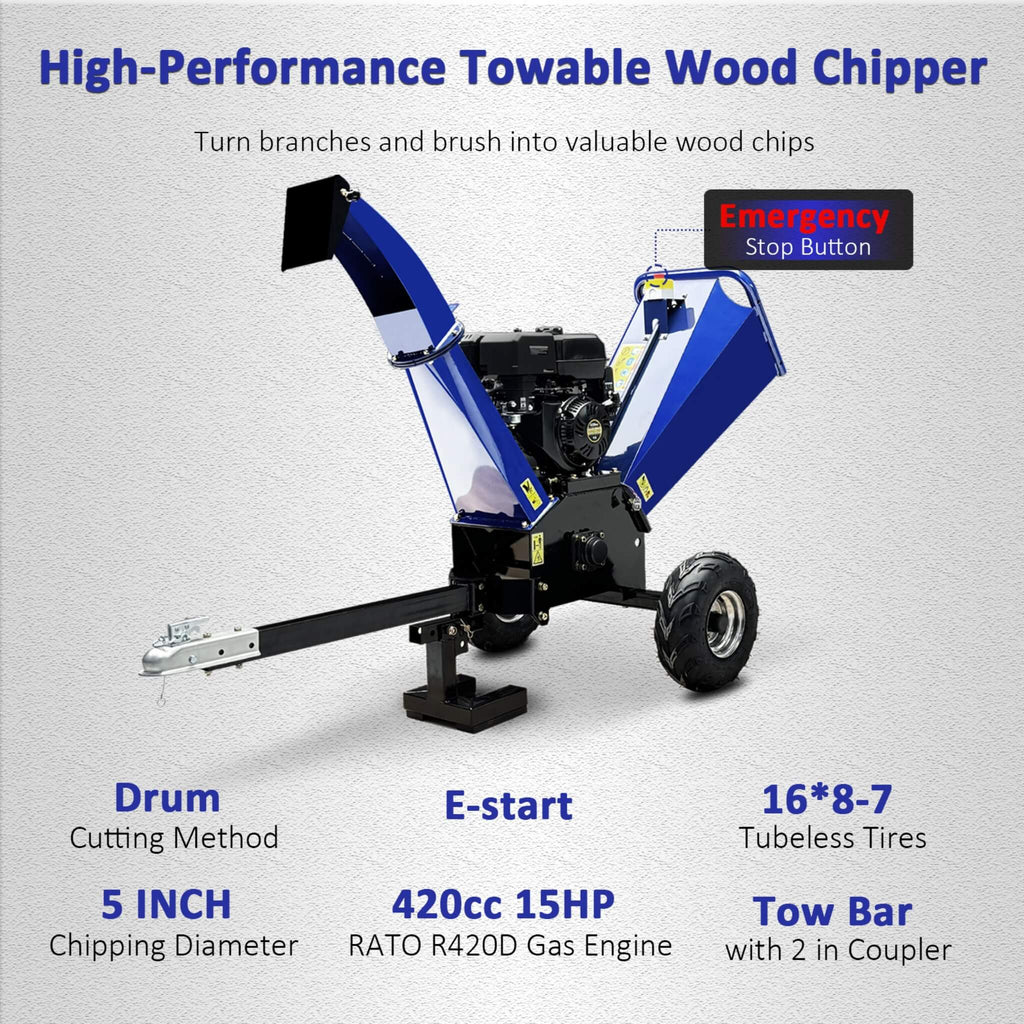 Heavy-Duty 5-Inch 15HP 420CC Gas Drum Wood Chipper Shredder With Electric Start And Tow Hitch (SAK48652) – SAKSBY WHOLESALE, 