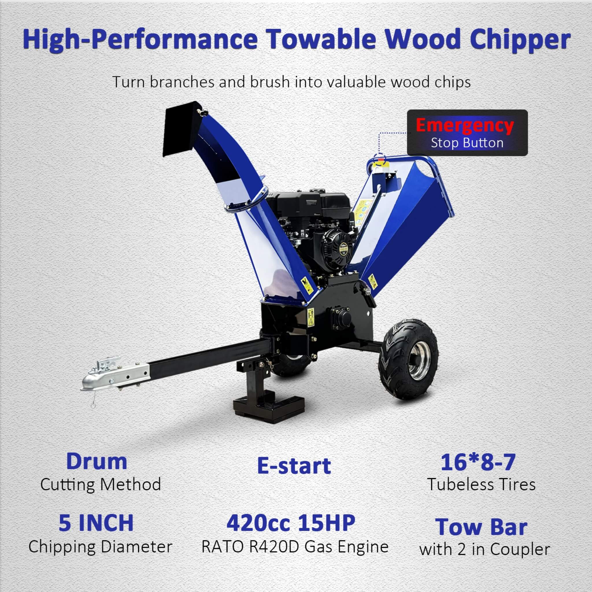 Heavy-Duty 5-Inch 15HP 420CC Gas Drum Wood Chipper Shredder With Electric Start And Tow Hitch (SAK48652) – SAKSBY WHOLESALE, 