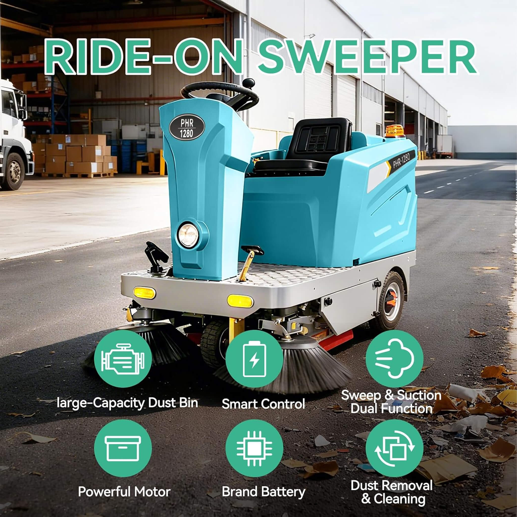 Heavy-Duty 51-Inch Electric Ride-On Floor Industrial Sweeper With Dustbin & Water Tank (SAK69418) – SAKSBY WHOLESALE, view 3