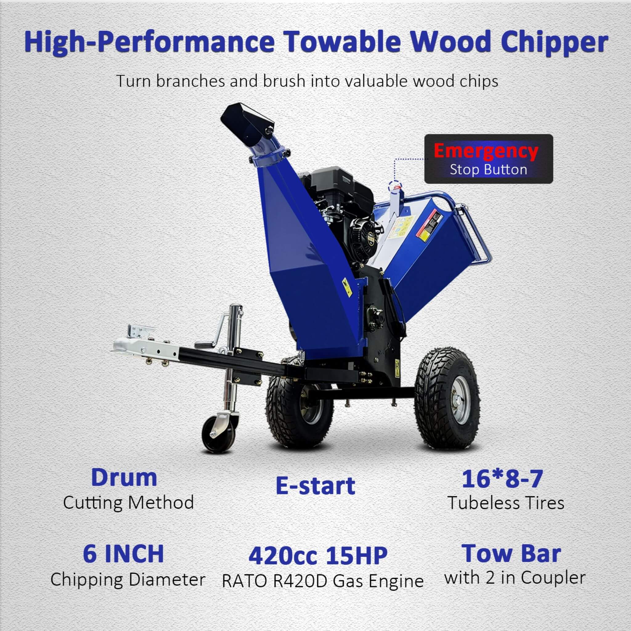 Heavy-Duty 6-Inch 15HP 420CC Towable Gas Drum Wood Chipper Shredder With Electric Start (SAK50896) – SAKSBY WHOLESALE, view 5