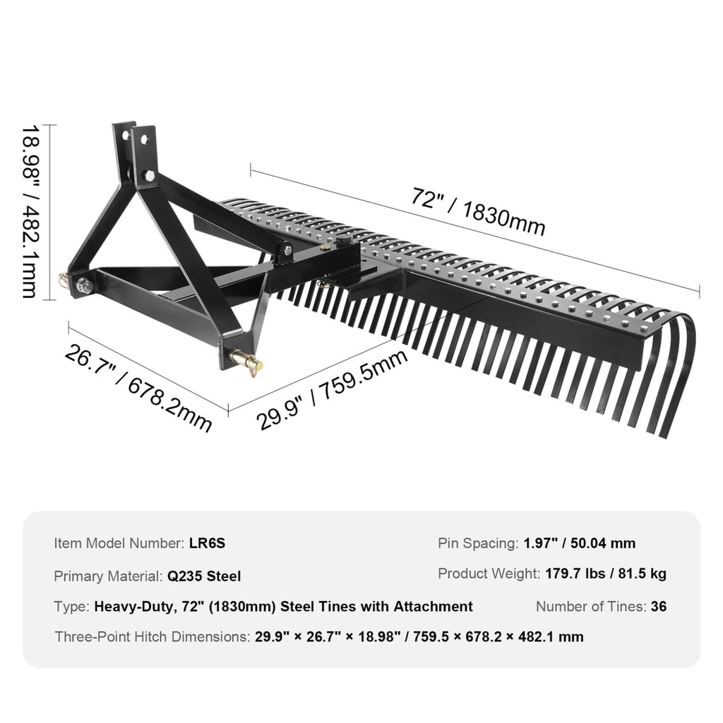 Heavy-Duty 72-Inch 3-Point Tow Behind Tractor Dethatcher Attachment With Steel Tines (SAK79426) – SAKSBY WHOLESALE, view 11