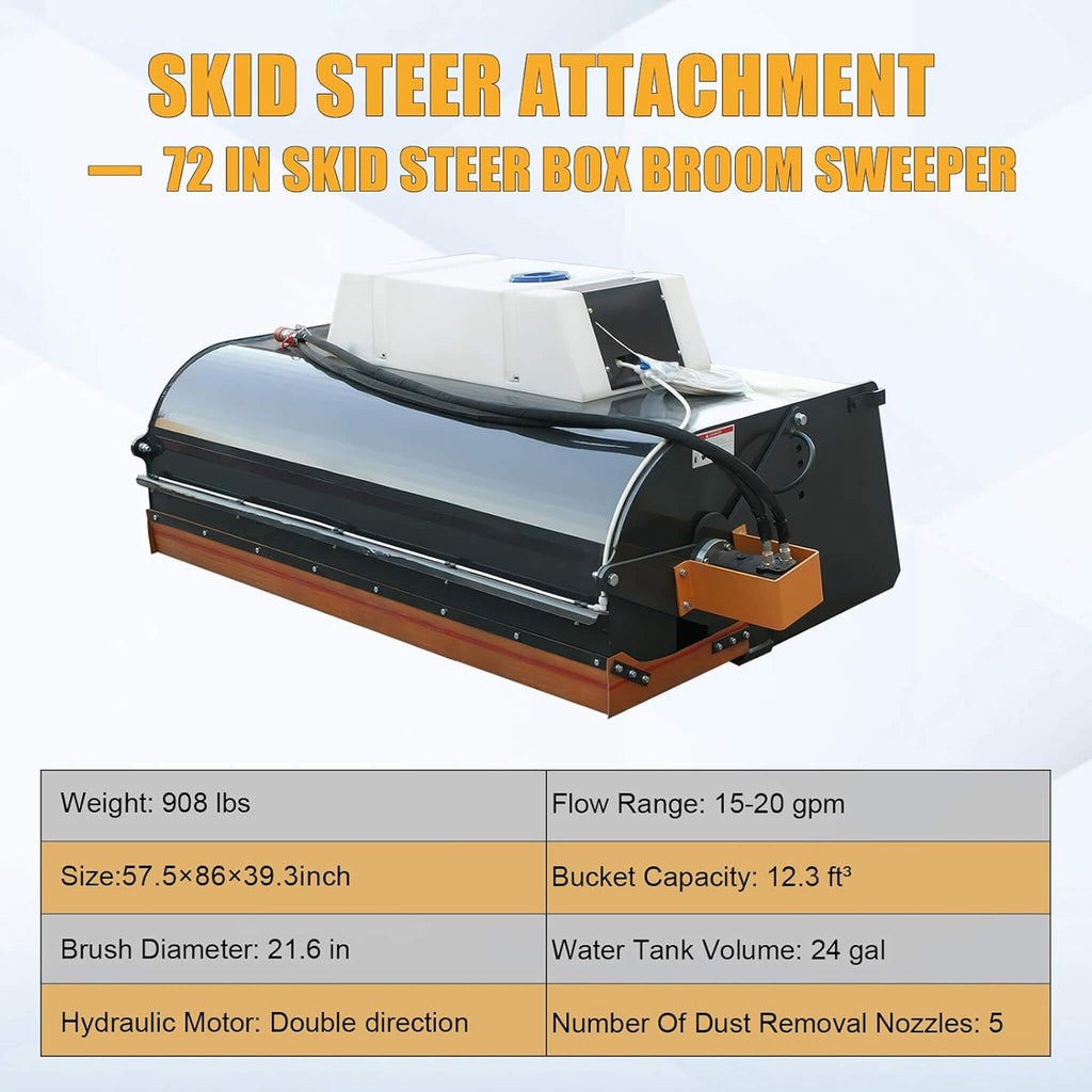 Heavy-Duty 72-Inch Hydraulic Drive Broom Sweeper Skid Steer Attachment With Water Tank (SAK80614) – SAKSBY WHOLESALE, view 6