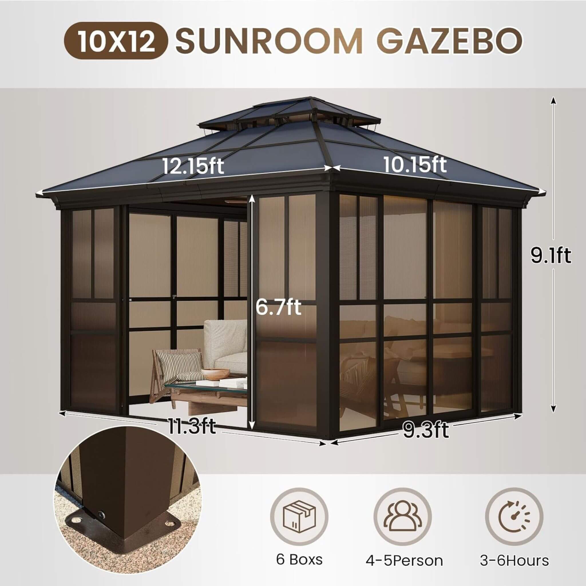 Alora Edge Heavy-Duty Aluminum Frame Outdoor Backyard Solarium With Polycarbornate Roof And Adjustable Panels (SAK68513) – SA