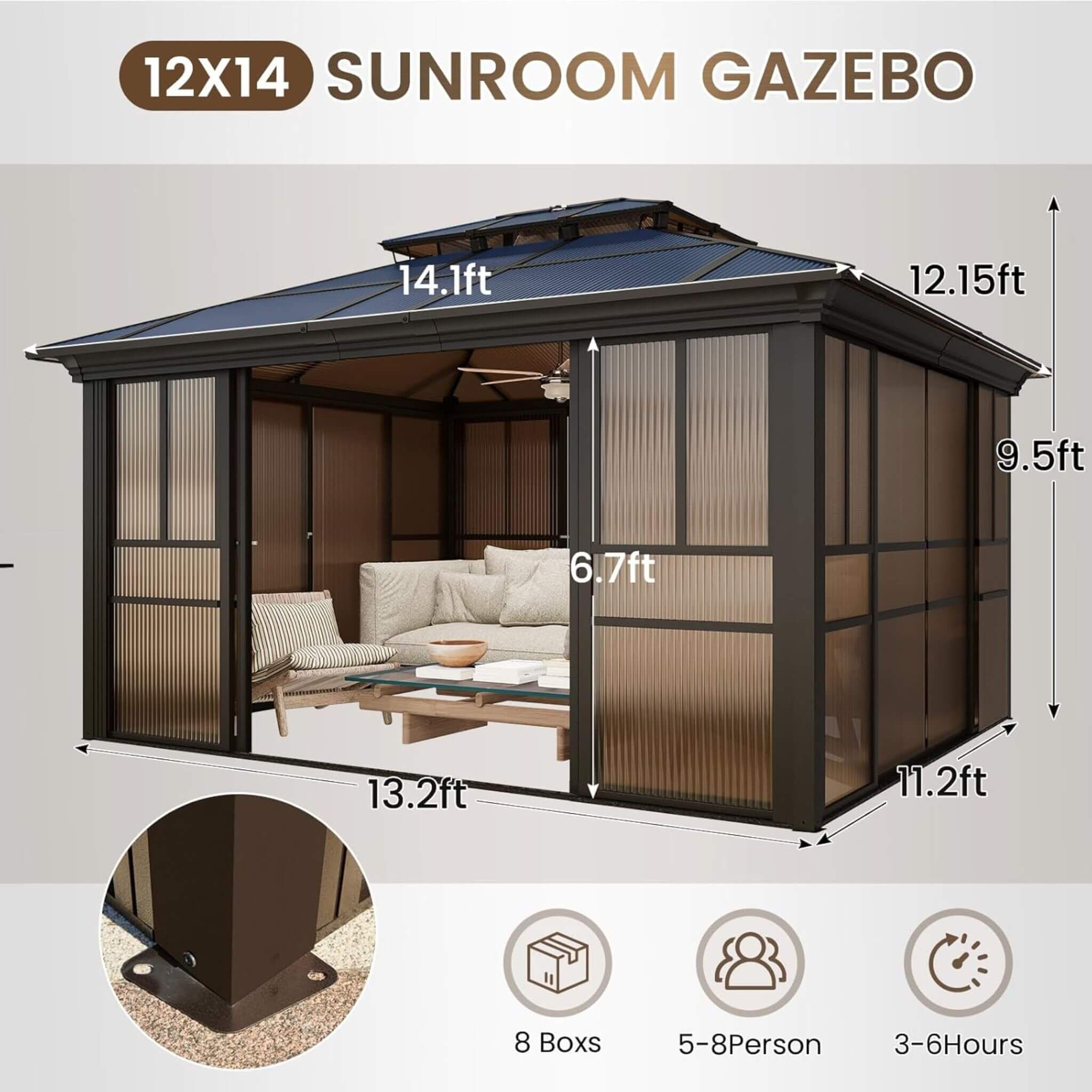 Alora Edge Heavy-Duty Aluminum Frame Outdoor Backyard Solarium With Polycarbornate Roof And Adjustable Panels (SAK68513) – SA