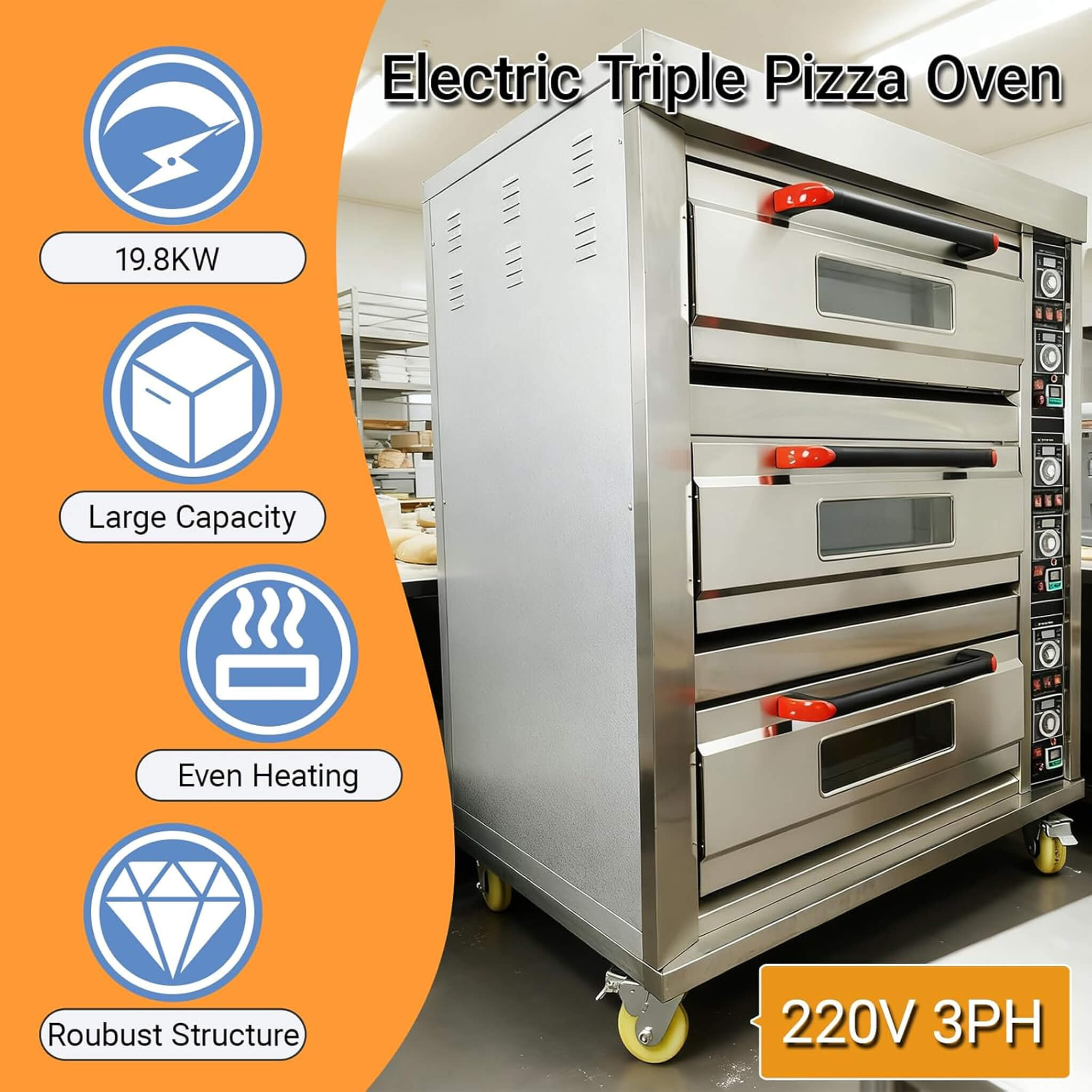 Heavy-Duty Commercial Triple Deck 220V 19.8KW Electric Pizza Oven (SAK56751) – SAKSBY WHOLESALE, view 3