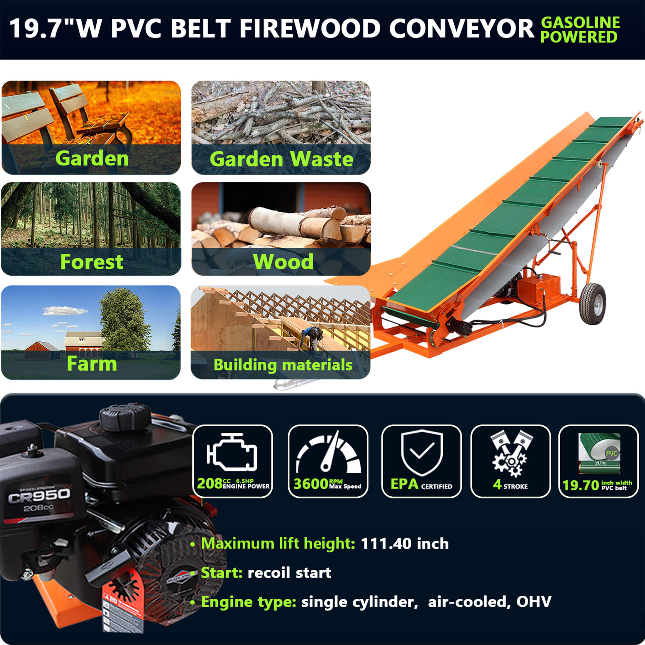 Heavy-Duty Commercial 6.5HP Gasoline Hydraulic High-Speed Wood Conveyor (SAK39524) – SAKSBY WHOLESALE, view 4