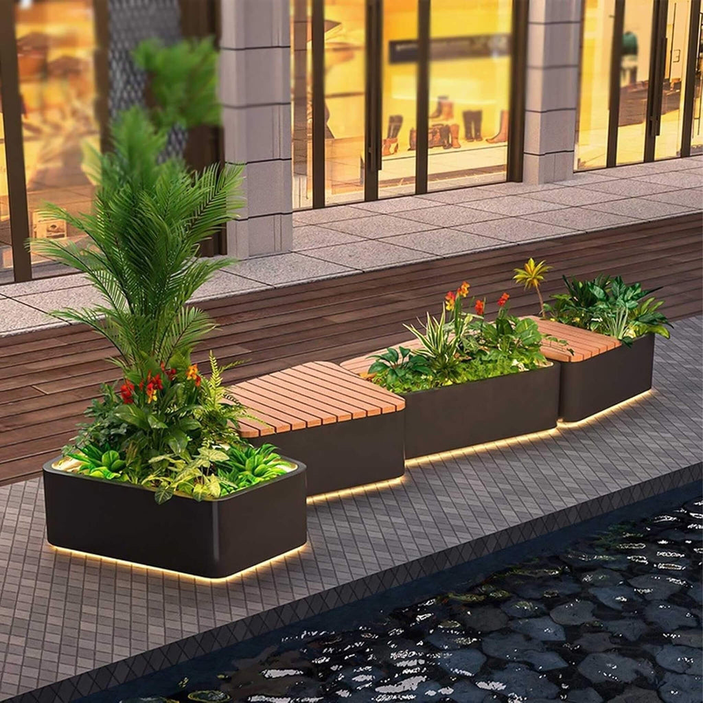 Heavy-Duty Commercial Outdoor Stainless Steel Bench With Wood Seat And Planter Box [Made-To-Order] (SAK41578) – SAKSBY WHOLES