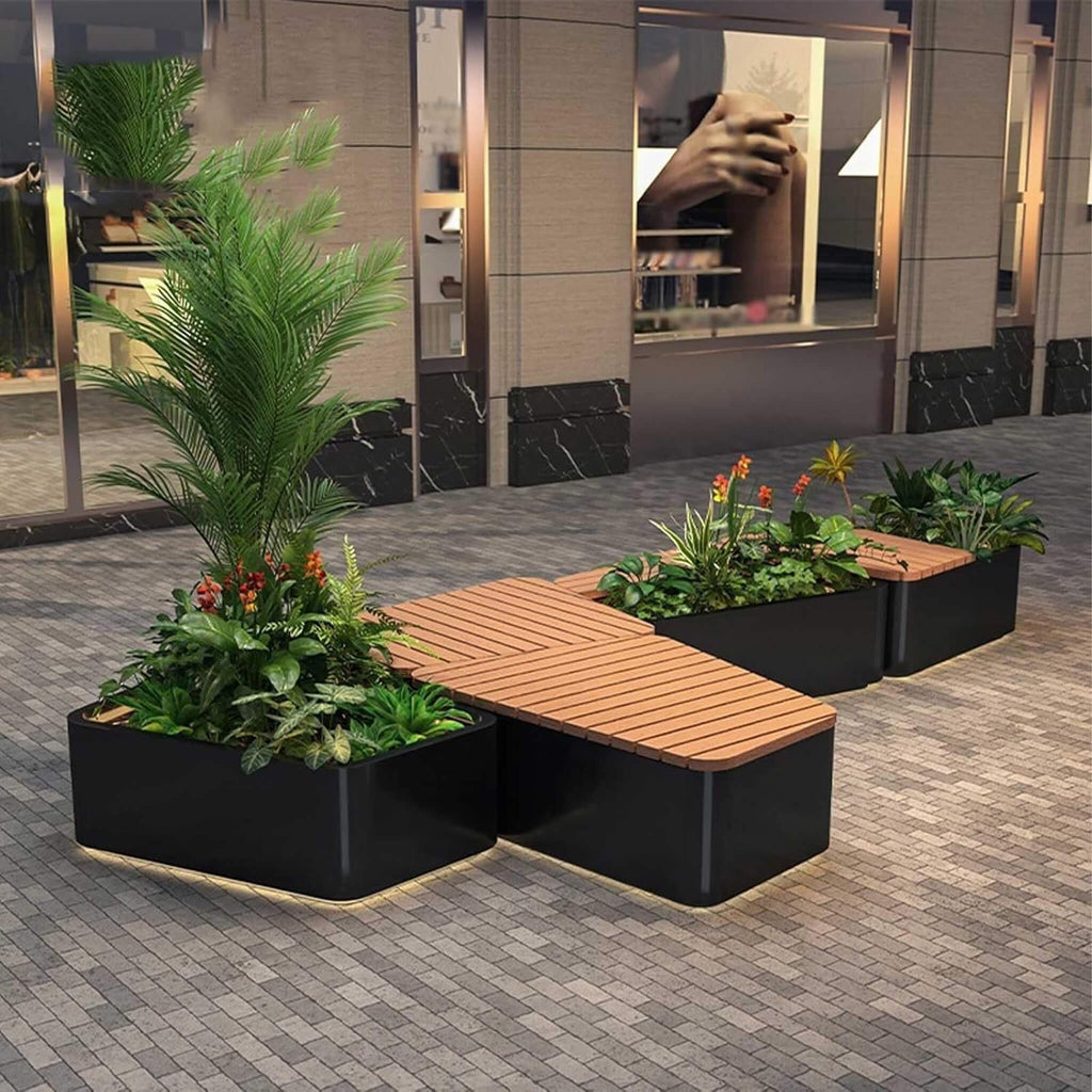 Heavy-Duty Commercial Outdoor Stainless Steel Bench With Wood Seat And Planter Box [Made-To-Order] (SAK41578) – SAKSBY WHOLES
