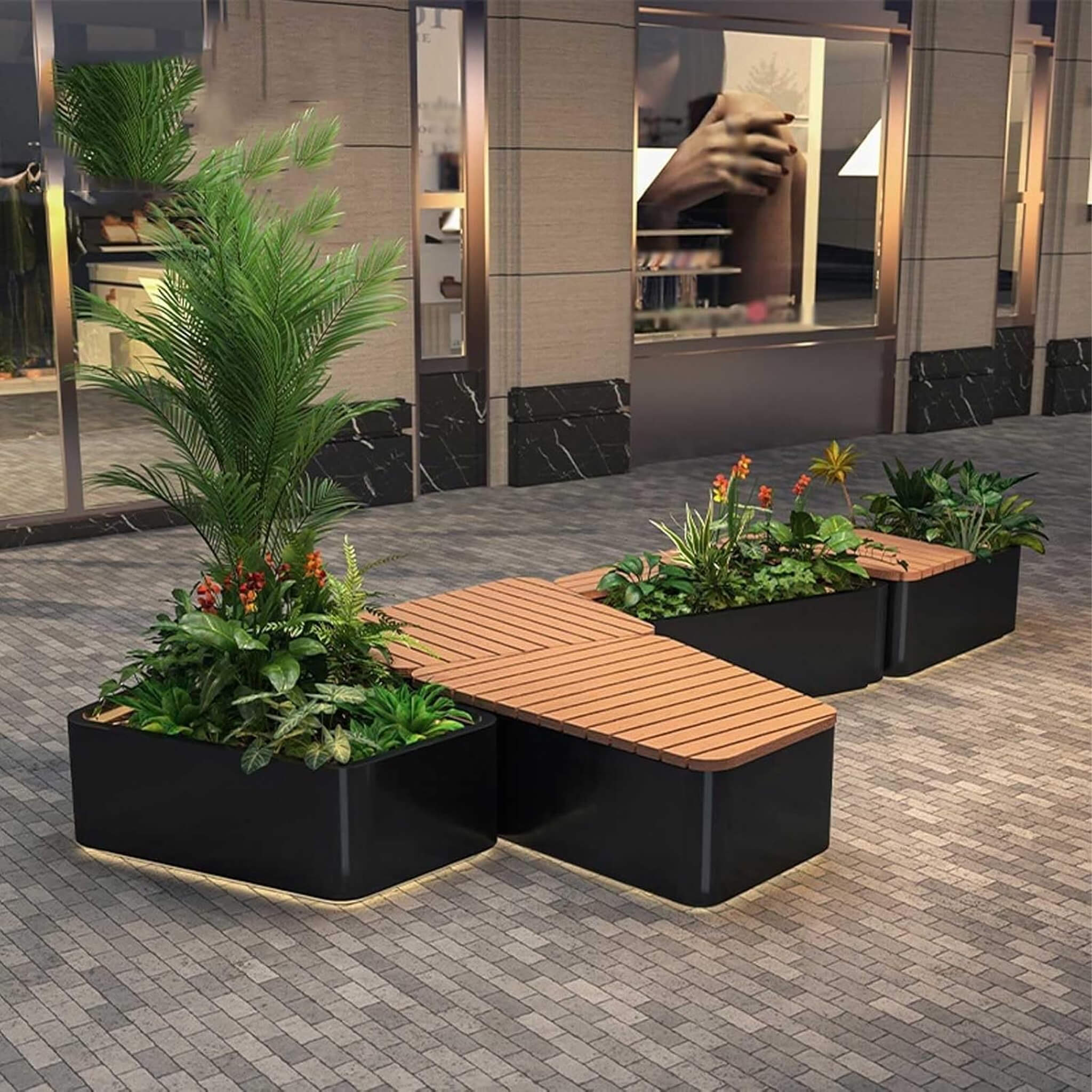 Heavy-Duty Commercial Outdoor Stainless Steel Bench With Wood Seat And Planter Box [Made-To-Order] (SAK41578) – SAKSBY WHOLES