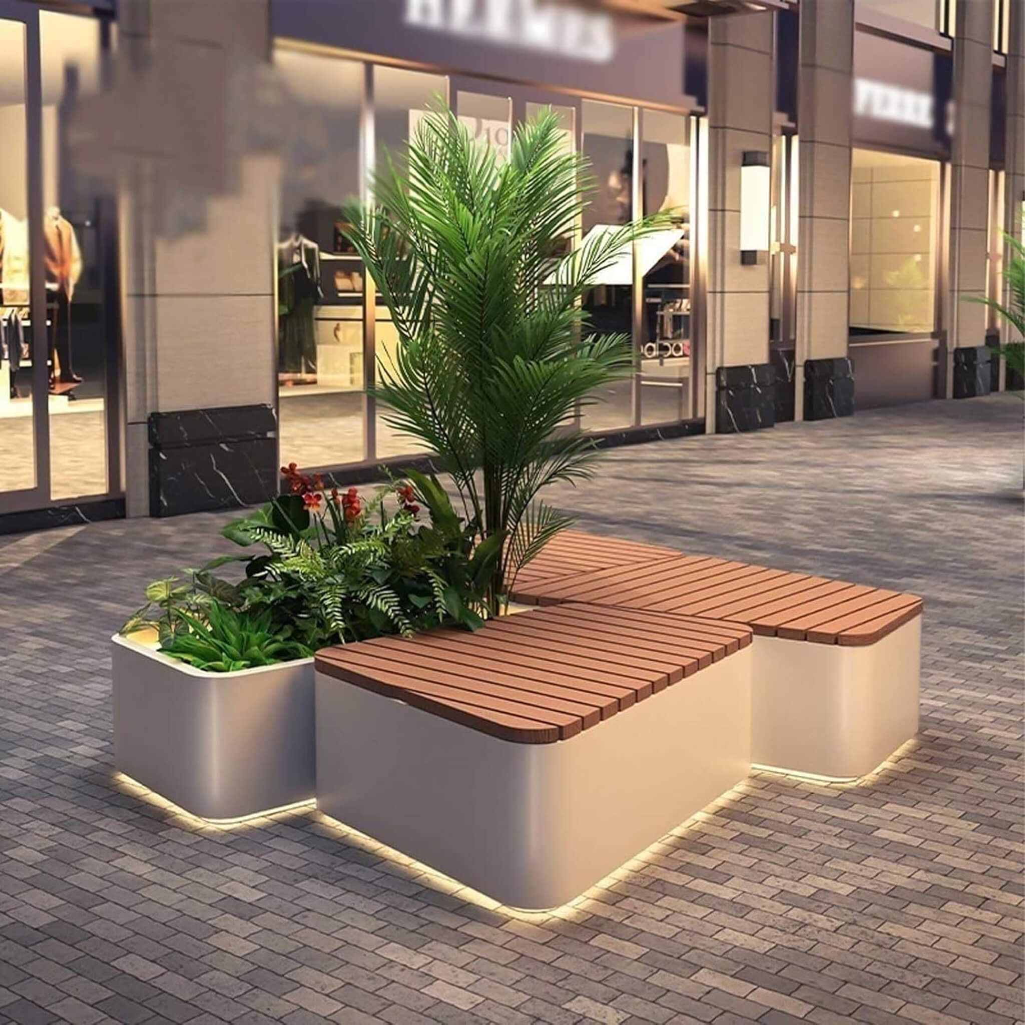 Heavy-Duty Commercial Outdoor Stainless Steel Bench With Wood Seat And Planter Box [Made-To-Order] (SAK41578) – SAKSBY WHOLES