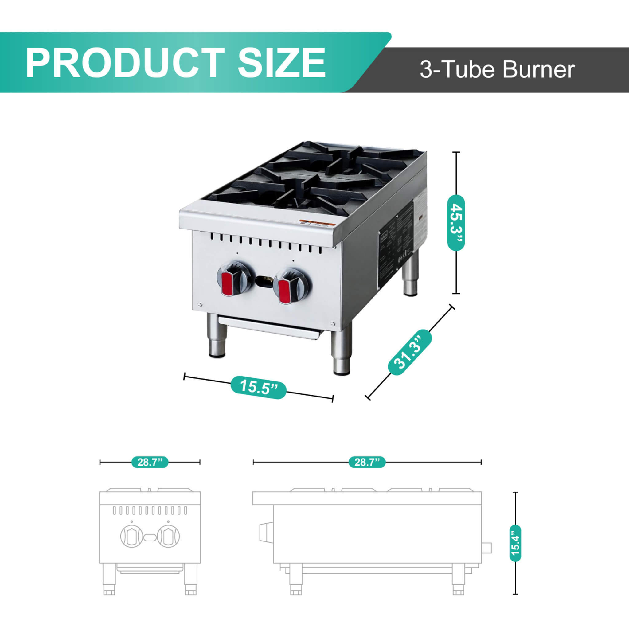 Heavy-Duty Stainless Steel Commercial 2-Burner 50K BTU Countertop Gas Stove Range (SAK29475) – SAKSBY WHOLESALE, view 4