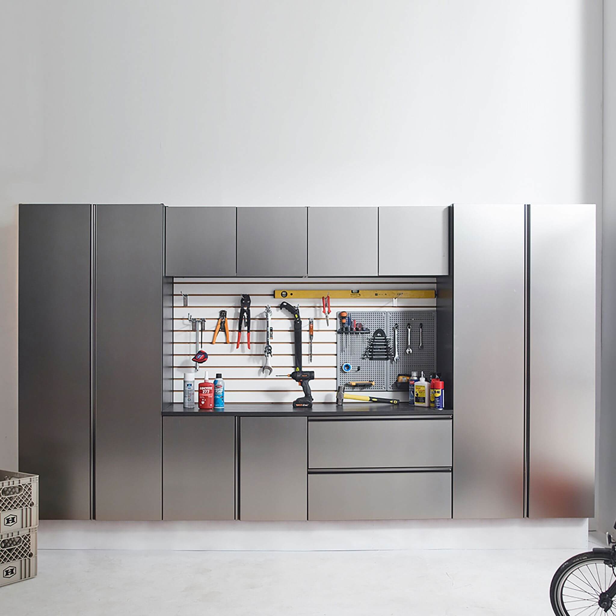 Alora Heavy-Duty Wall-Mounted Metallic Gray Garage Cabinet Set With Soft Closing Doors And Drawers (SAK24368) – SAKSBY WHOLES