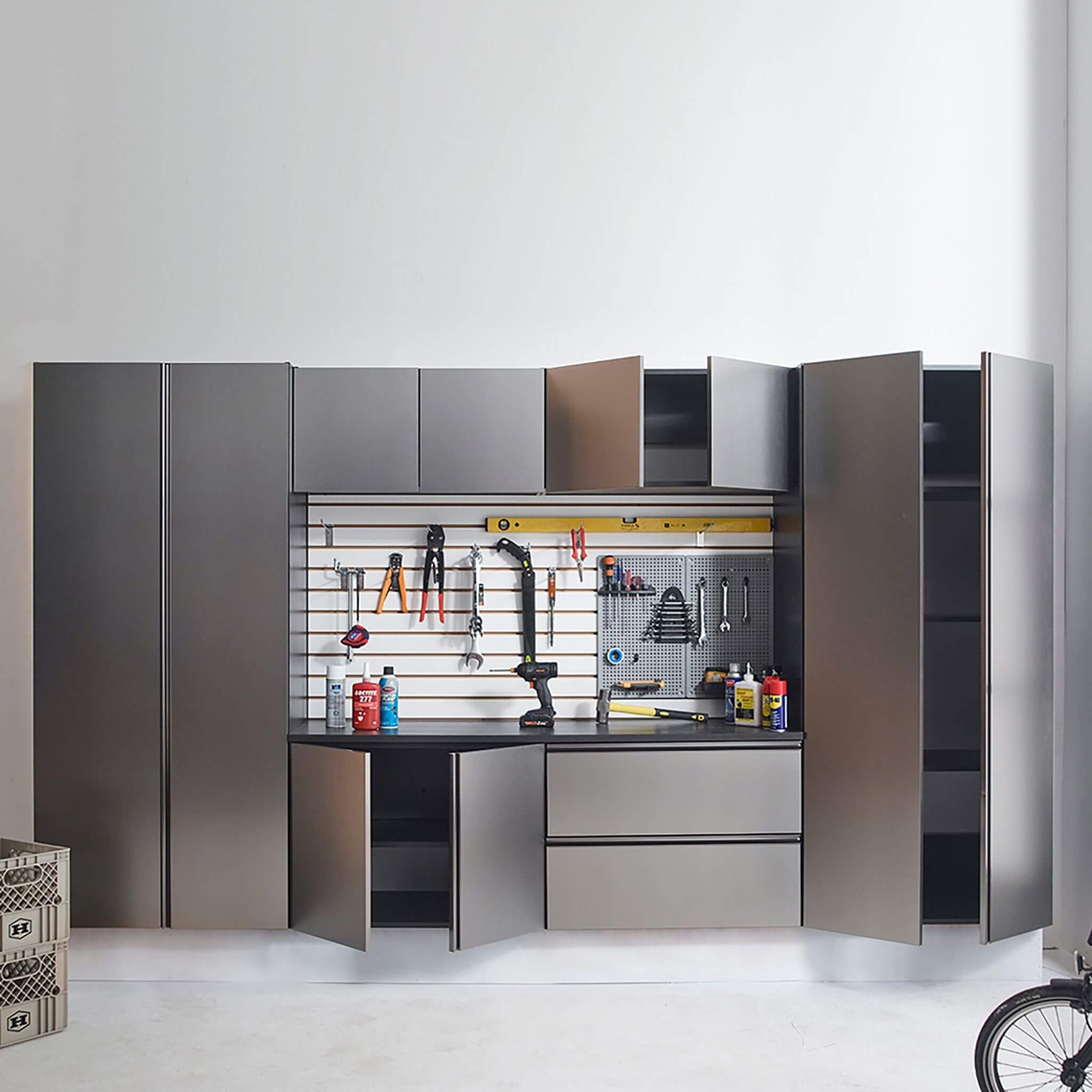 Alora Heavy-Duty Wall-Mounted Metallic Gray Garage Cabinet Set With Soft Closing Doors And Drawers (SAK24368) – SAKSBY WHOLES