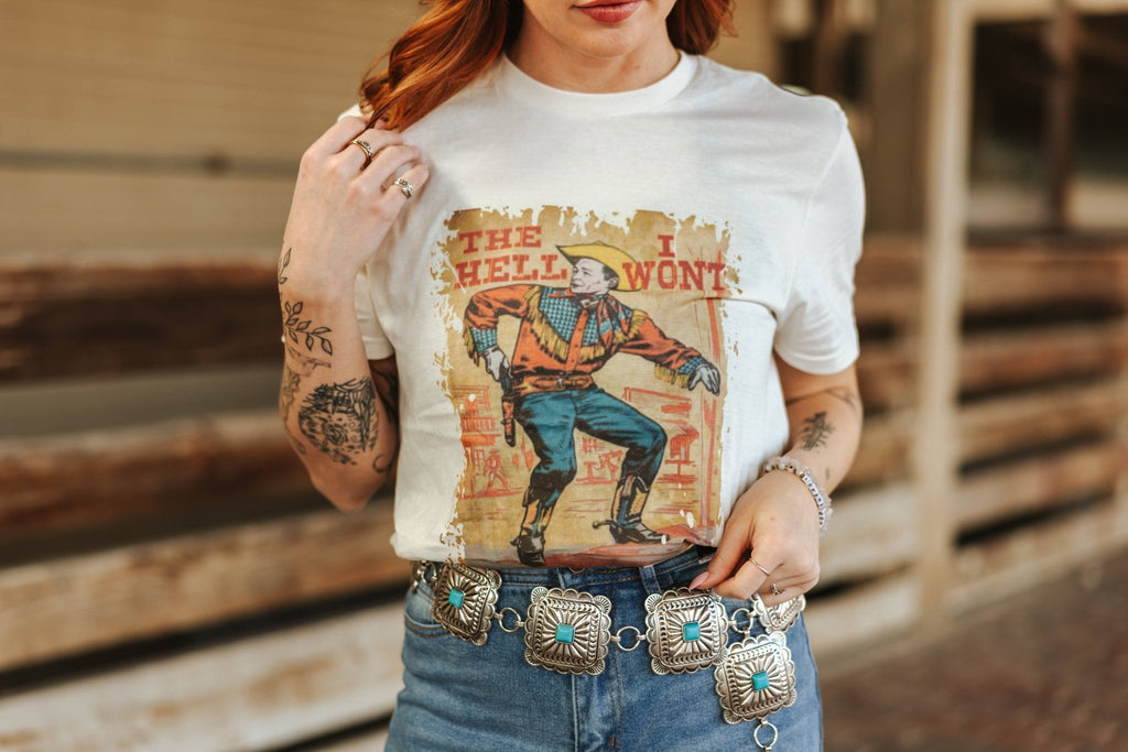 Wild Junkie Hell I Won't Vintage Cowboy Graphic Tee — side view