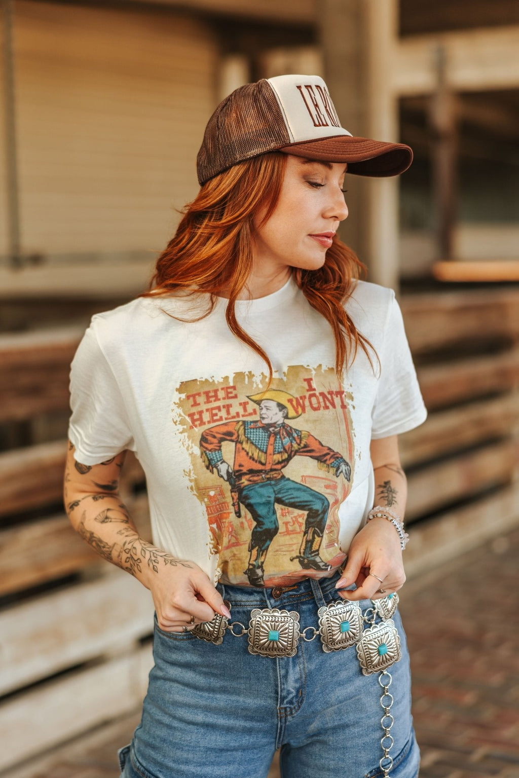 Wild Junkie Hell I Won't Vintage Cowboy Graphic Tee — lifestyle context