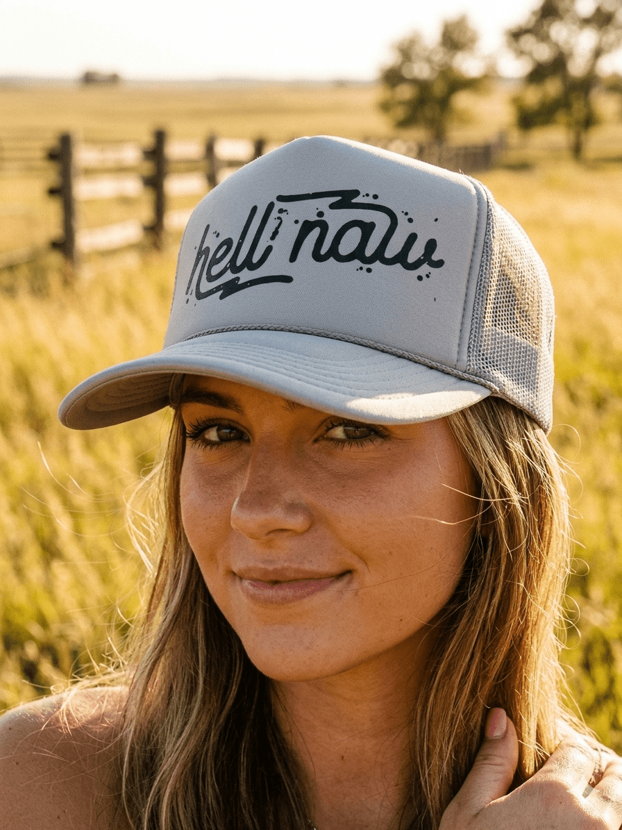 Wild Junkie Hell Naw Trucker Hat — construction detail