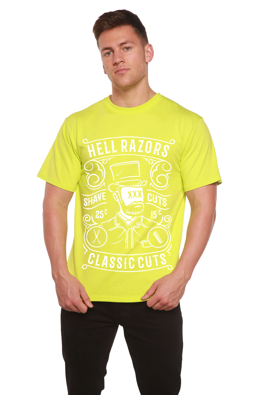 Spun Bamboo Hell Razors Men's Bamboo Viscose/Organic Cotton Short Sleeve Graphic T-Shirt — size reference