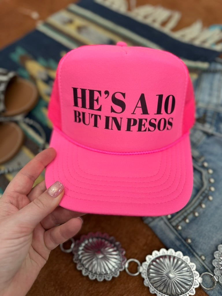 Wild Junkie He's A 10 But In Pesos Trucker Hat — Wild Junkie branding close-up