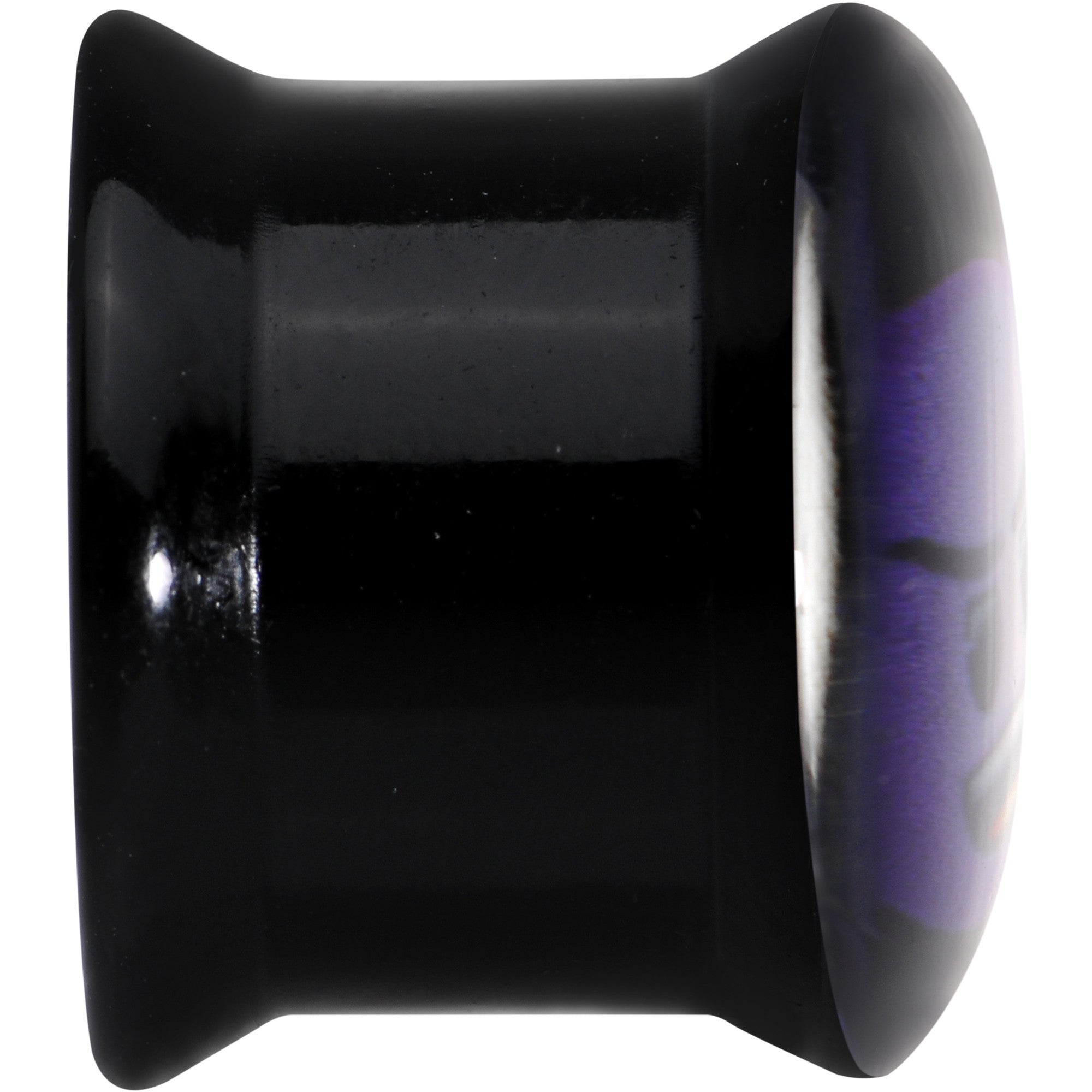 BodyCandy 1/2 Licensed Purple Devil emoji Acrylic Double Flare Plug Set — BodyCandy branding close-up
