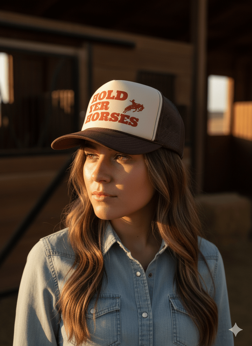 Wild Junkie Hold Yer Horses Trucker Hat — Wild Junkie branding close-up