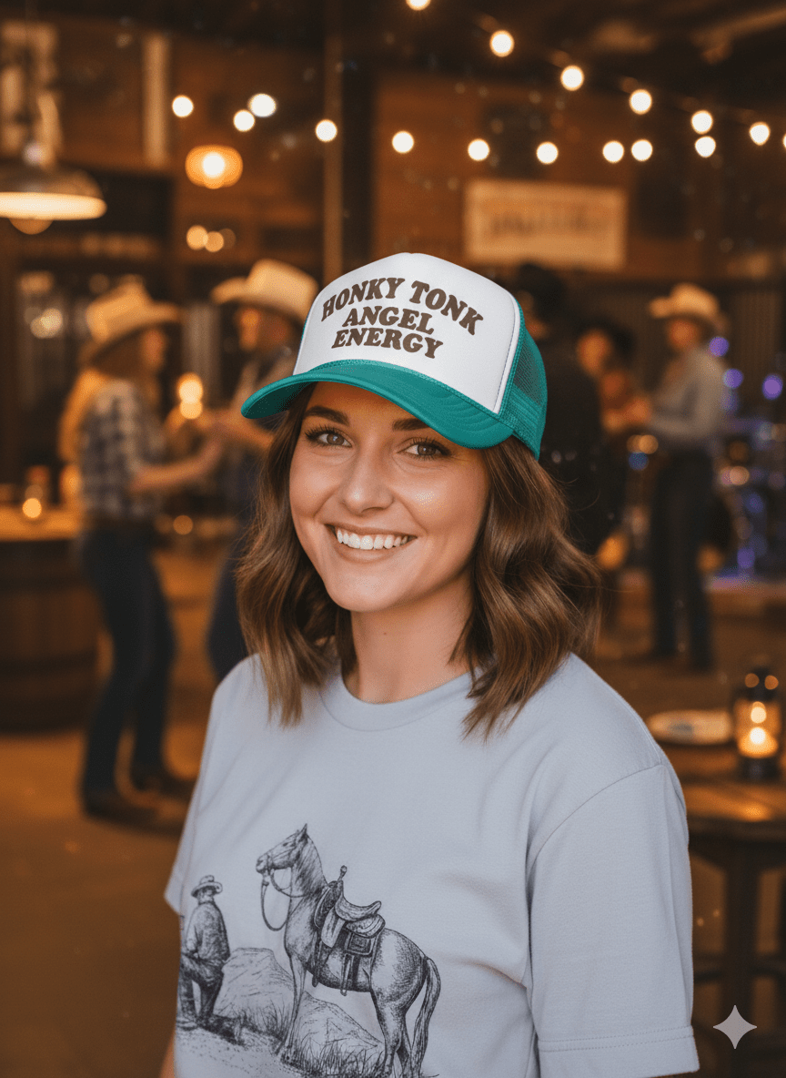 Wild Junkie Honky Tonk Angel Energy Trucker Hat — construction detail