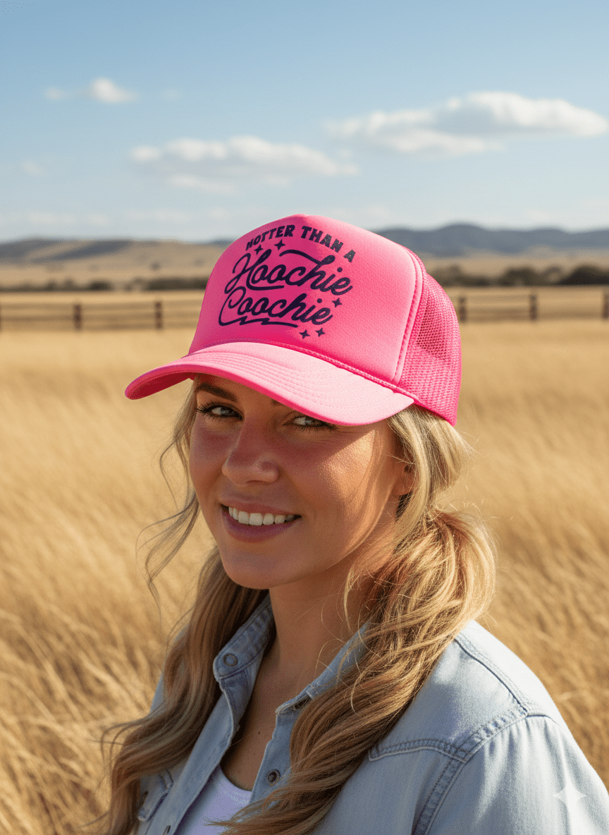Wild Junkie Hoochie Coochie Neon Pink Trucker Hat — Pink detail
