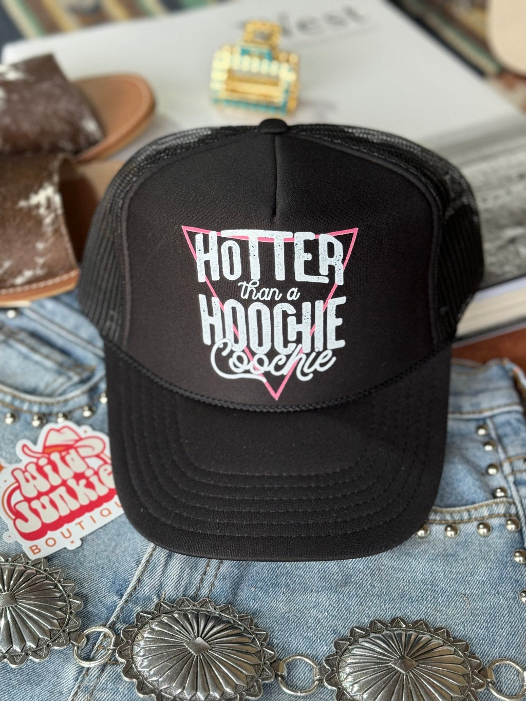 Wild Junkie Hotter Than A Hoochie Coochie Trucker Hat — main product shot